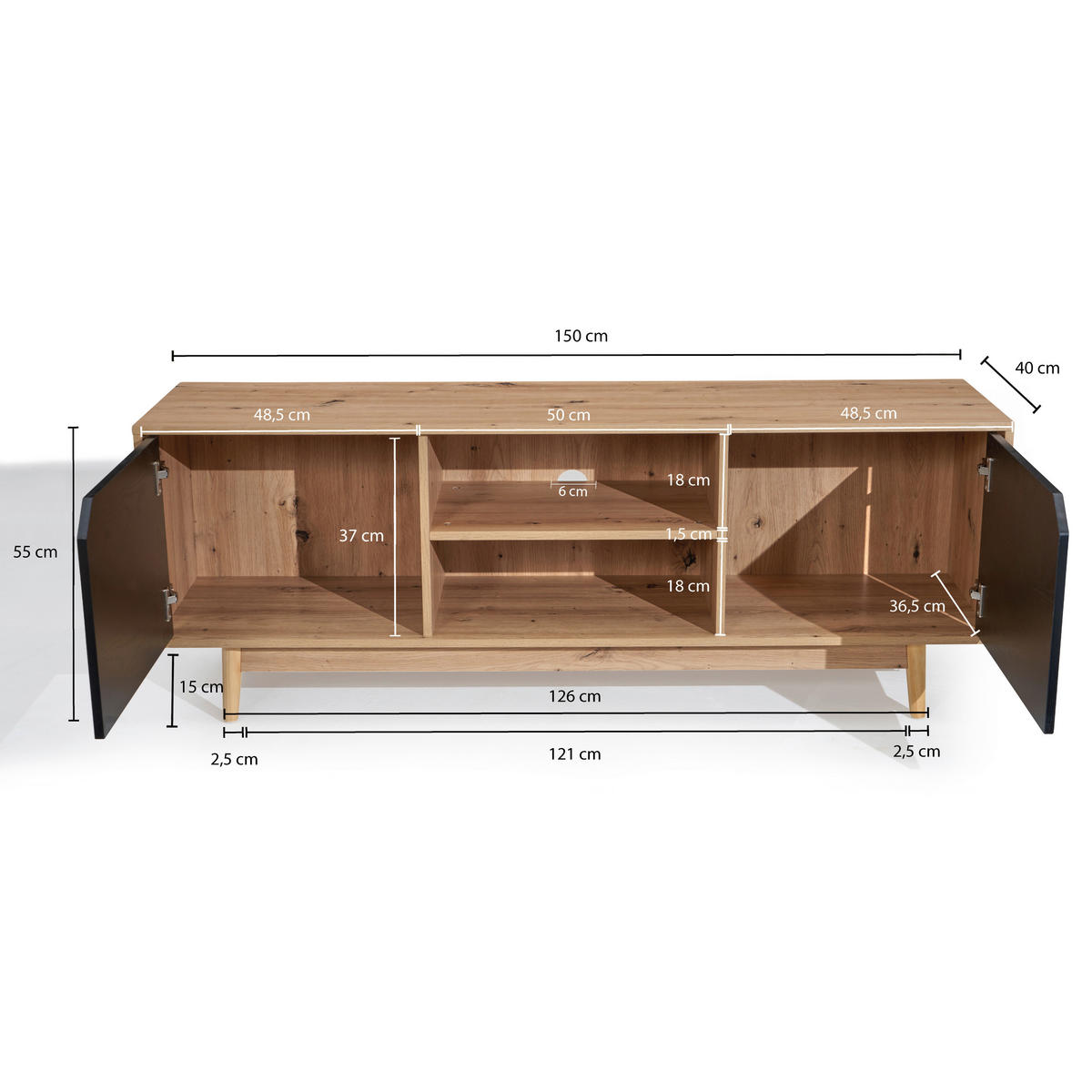 LOWBOARD  in 150/55/40 cm  - Eichefarben/Schwarz, Design, Holz/Holzwerkstoff (150/55/40cm) - Livetastic
