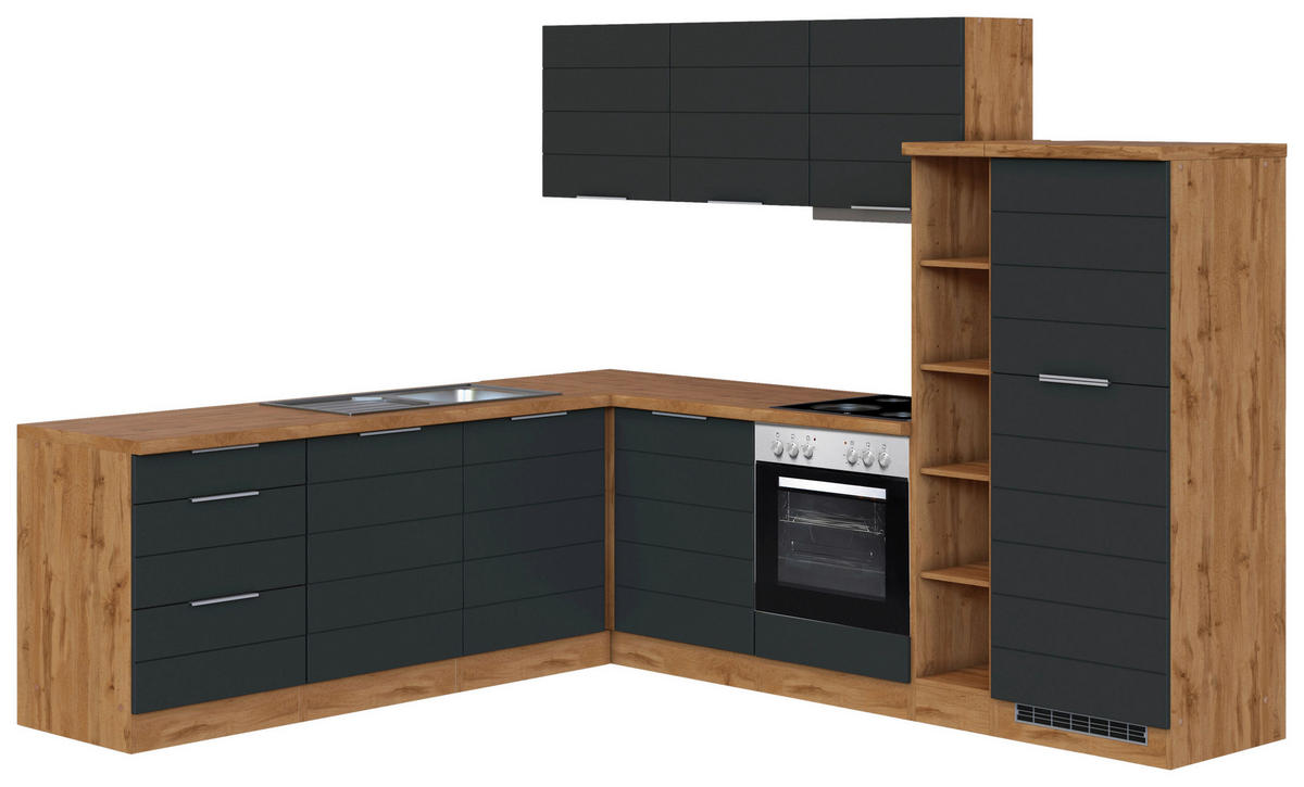 Eckküche Florenz mit Geräten 240/270 cm  in Eiche Wotan, Grau  - Eiche Wotan/Grau, Design, Holzwerkstoff/Metall (240/270cm) - Held