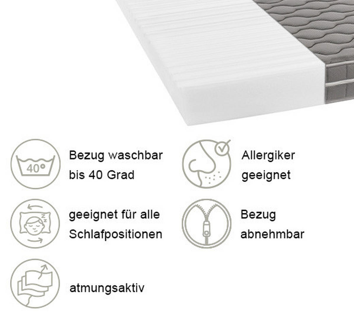 VISCOMATRATZE 90/200 cm Höhe ca. 16 cm 7 -Zonen - Hellgrau, Basics, Textil (90/200cm) - P & B