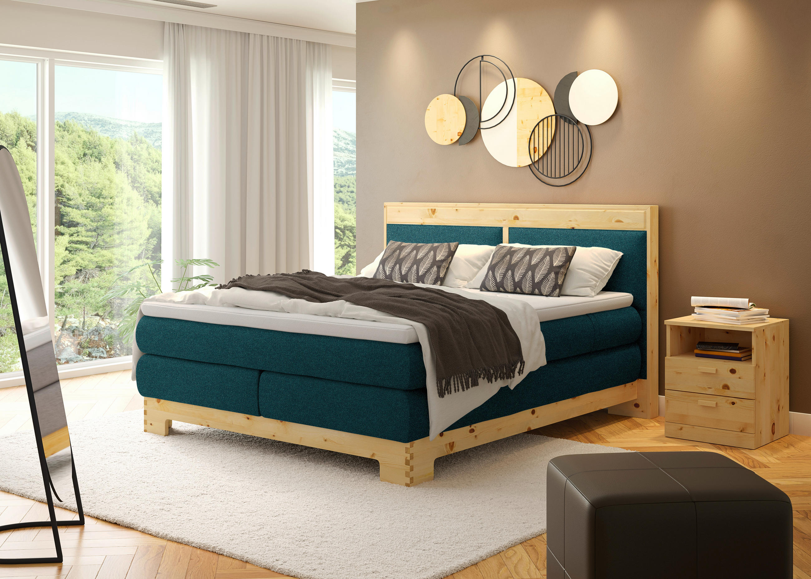 BOXSPRINGBETT 160/200 cm  in Petrol  - Petrol, Natur, Holz/Textil (160/200cm) - Linea Natura