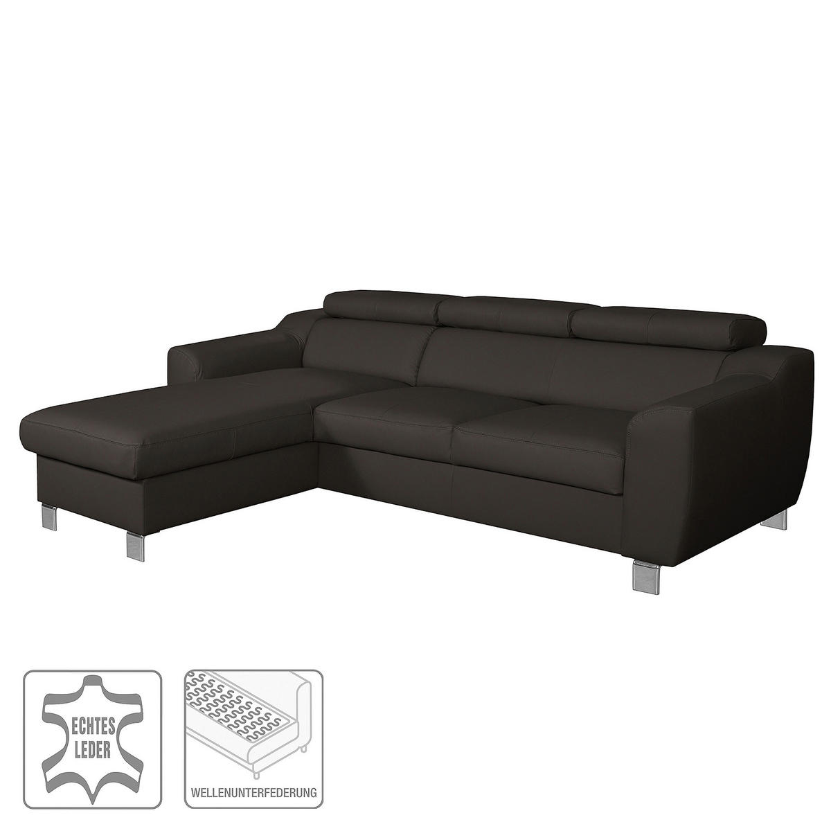 ECKSOFA in Lederlook Echtleder Dunkelbraun  - Chromfarben/Dunkelbraun, Design, Leder/Textil (176/242cm) - Livetastic