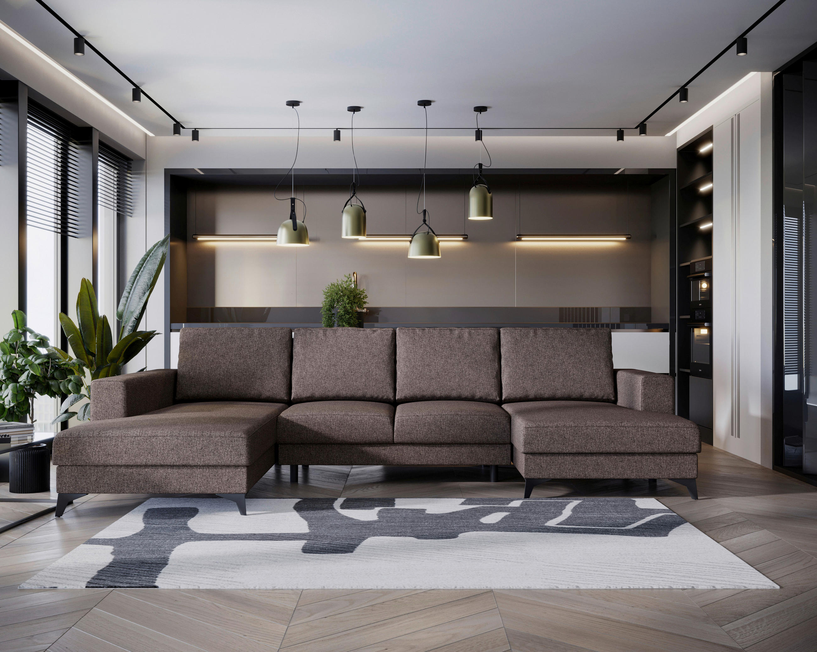 WOHNLANDSCHAFT in Flachgewebe Braun  - Schwarz/Braun, Design, Textil/Metall (190/339/156cm) - Livetastic