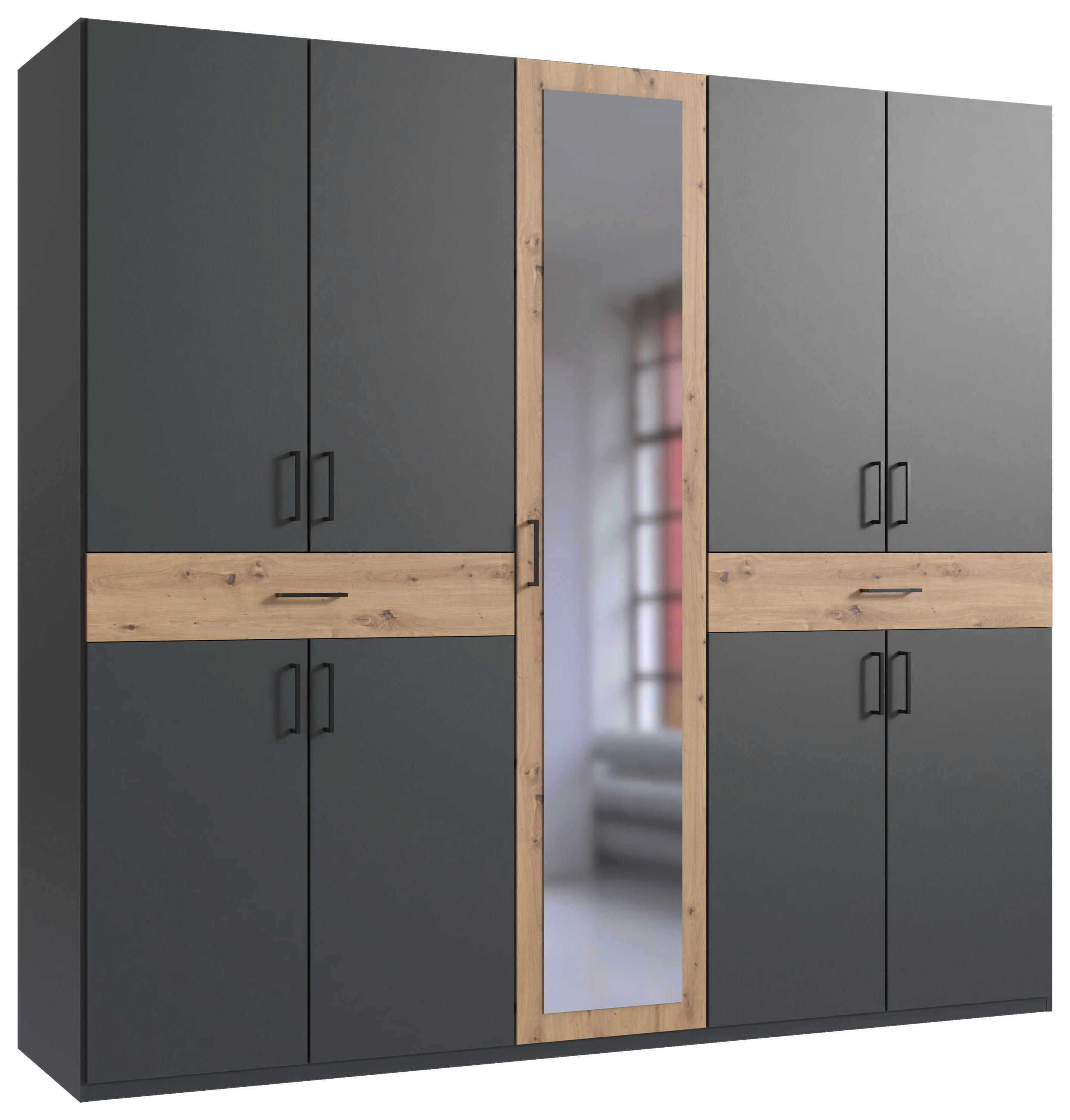 DREHTÜRENSCHRANK Graphitfarben, Eiche Artisan  - Schwarz/Graphitfarben, Konventionell, Glas/Holzwerkstoff (225/208/58cm) - Carryhome