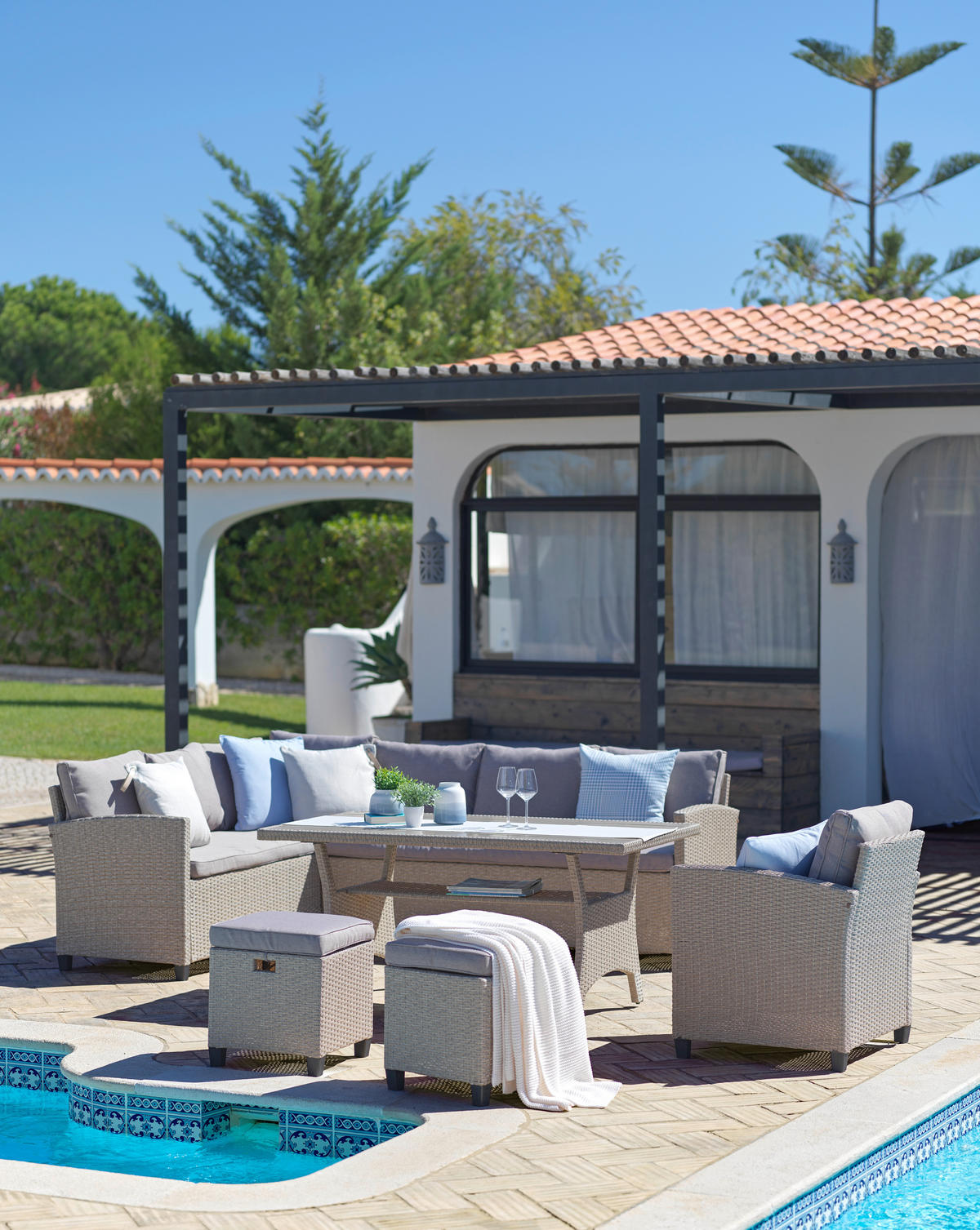 Loungegarnitur 6-tlg. Porto II 175/232 cm Stahl  - Hellgrau/Braun, MODERN, Kunststoff/Textil (175/232cm) - Luca Bessoni