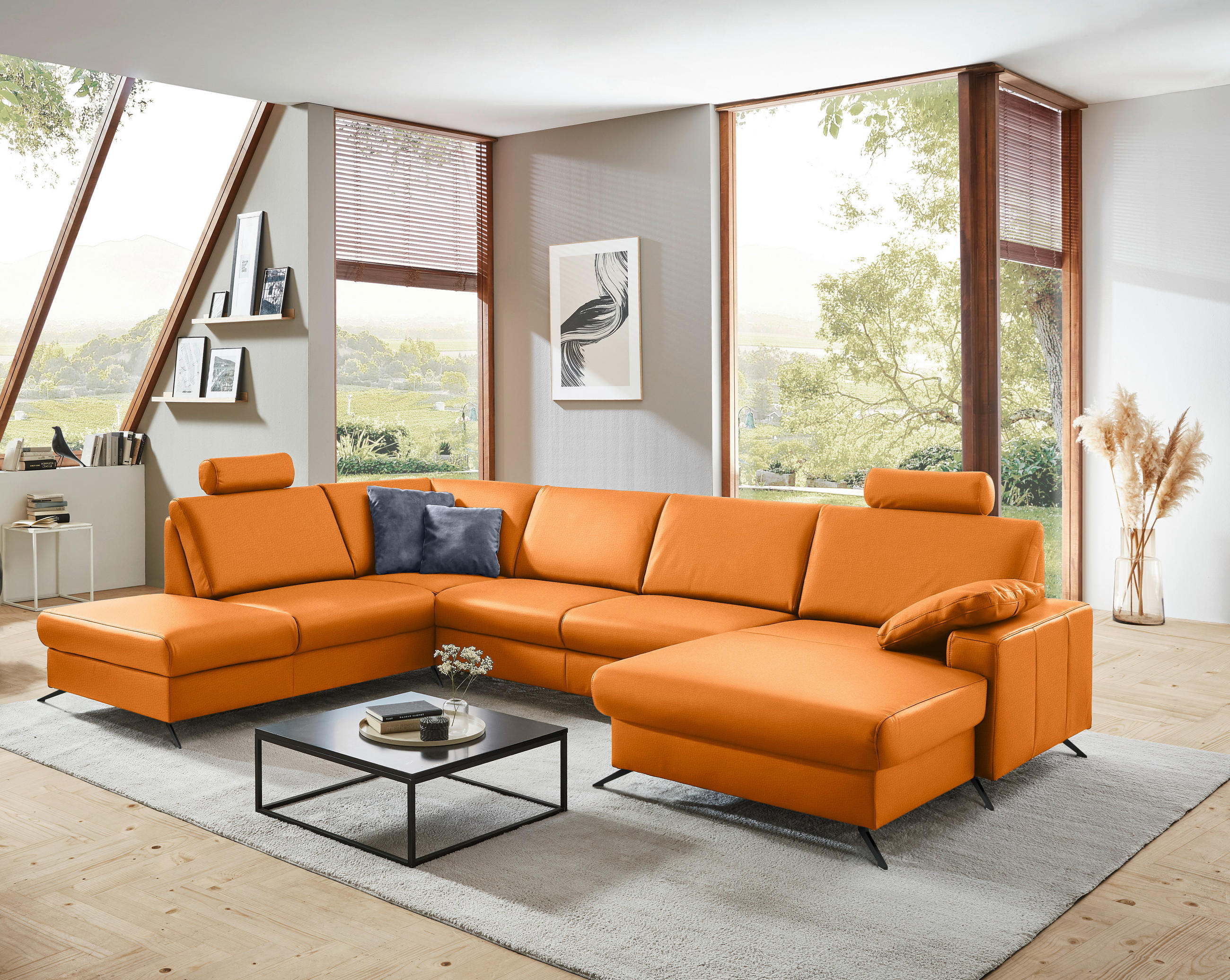 WOHNLANDSCHAFT in Echtleder Orange  - Schwarz/Orange, Design, Leder/Metall (233/339/165cm) - Beldomo Premium