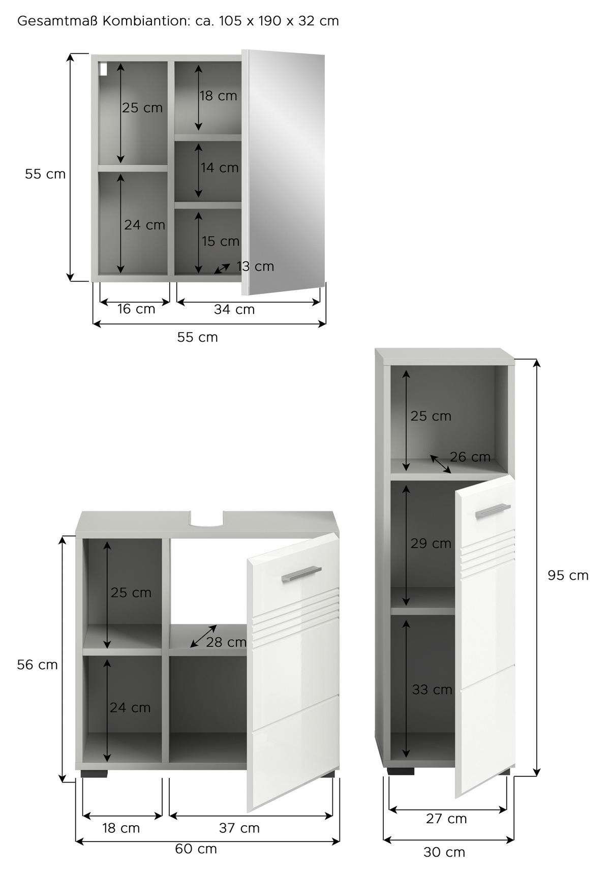 KOUPELNA šedá, vysoce lesklá bílá  - šedá/černá, Moderní, kompozitní dřevo/plast (90cm) - MID.YOU