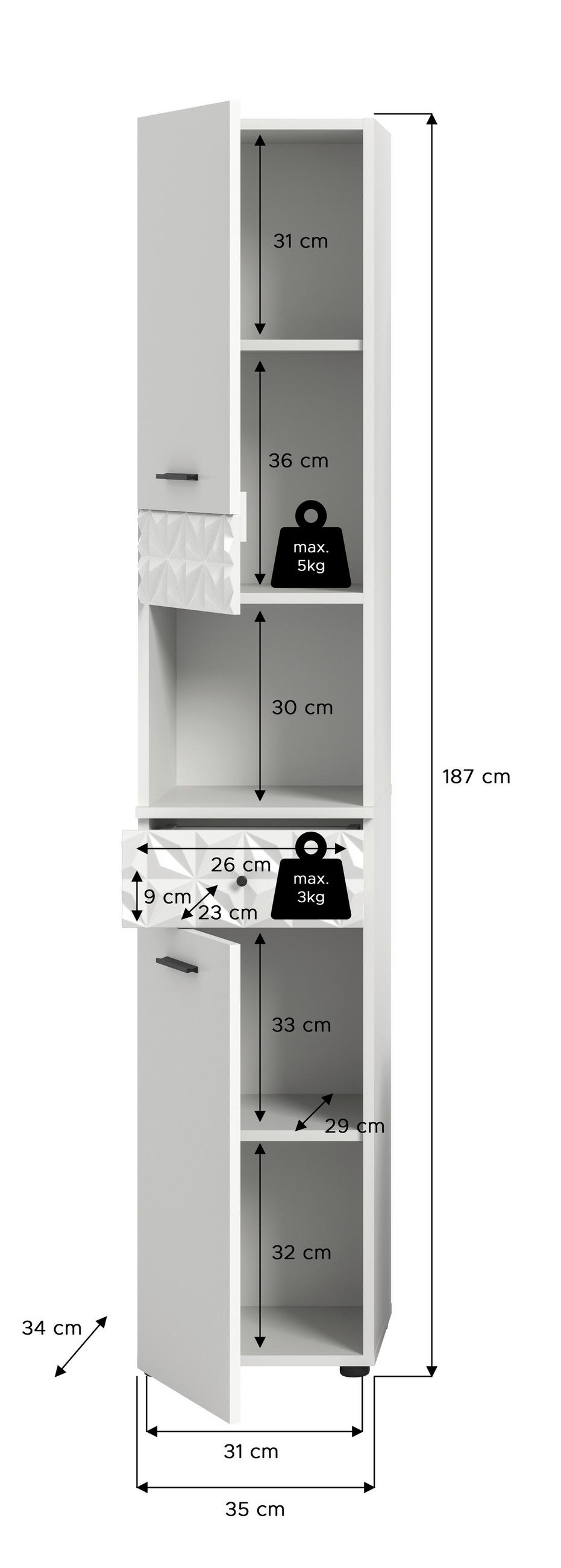 VISOKA OMARA 35/187/34 cm  - črna/bela, Moderno, kovina/leseni material (35/187/34cm) - MID.YOU