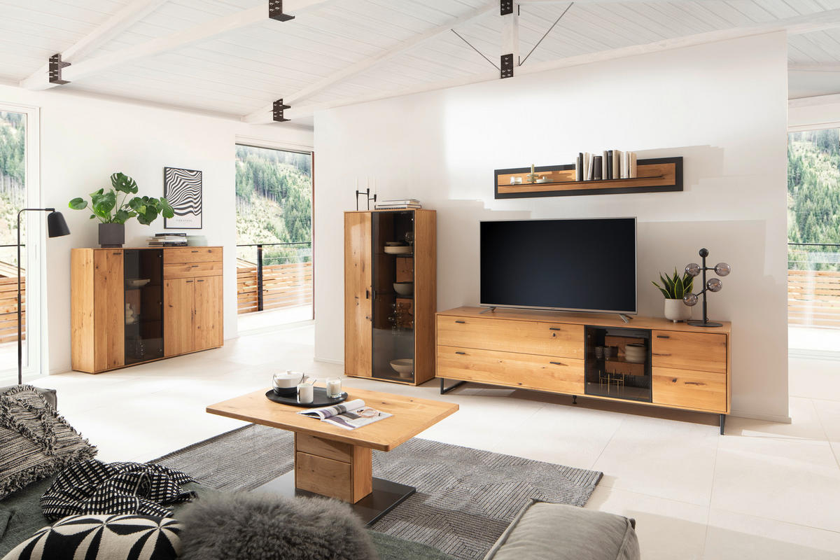 WOHNWAND  in Wildeiche 306/188/50 cm  - Wildeiche/Schwarz, Design, Glas/Holz (306/188/50cm) - MID.YOU