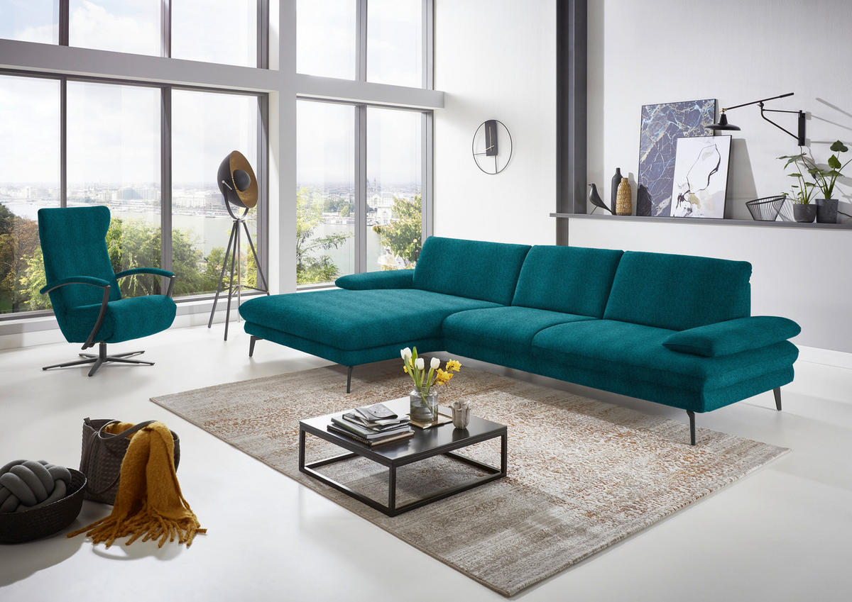 ECKSOFA in Chenille Petrol  - Petrol/Schwarz, Design, Textil/Metall (180/310cm) - Dieter Knoll