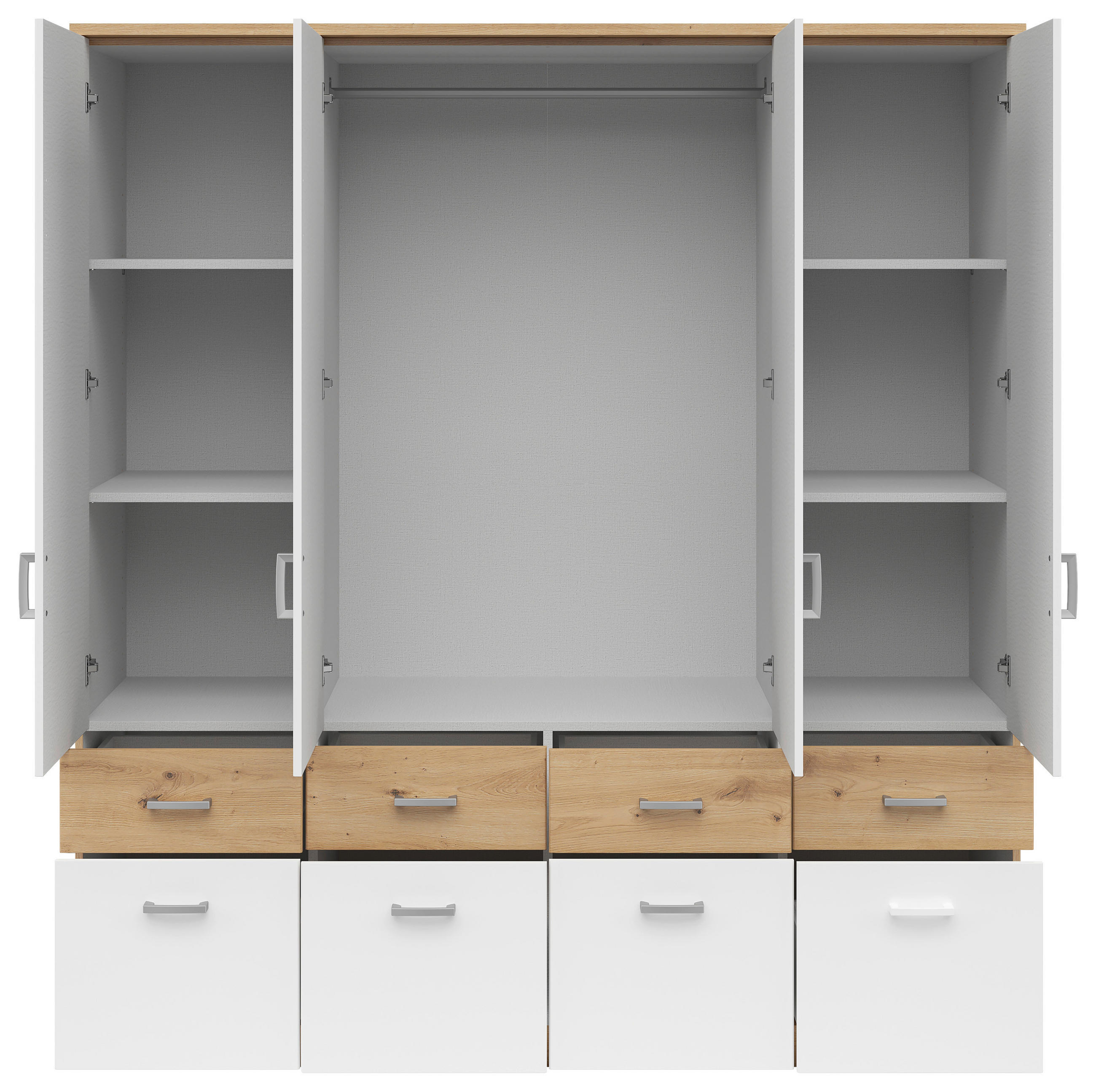 KLEIDERSCHRANK 181/199/58 cm 4-türig Weiß, Eiche Artisan  - Silberfarben/Weiß, KONVENTIONELL, Holzwerkstoff/Kunststoff (181/199/58cm)