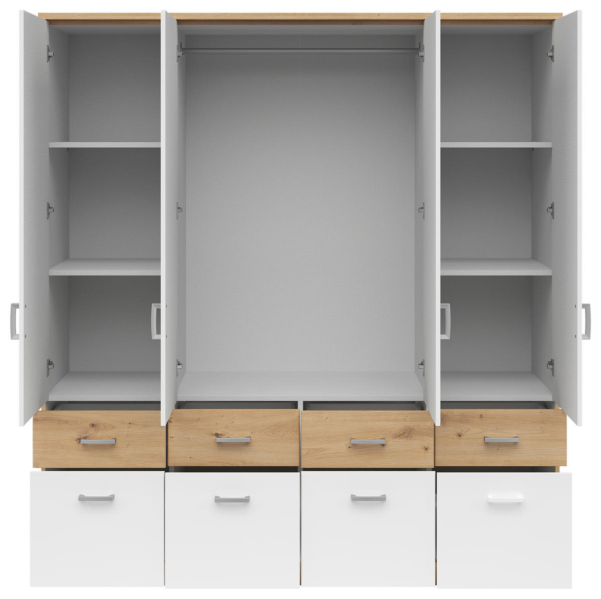 KLEIDERSCHRANK 181/199/58 cm 4-türig Weiß, Eiche Artisan  - Silberfarben/Weiß, KONVENTIONELL, Holzwerkstoff/Kunststoff (181/199/58cm)