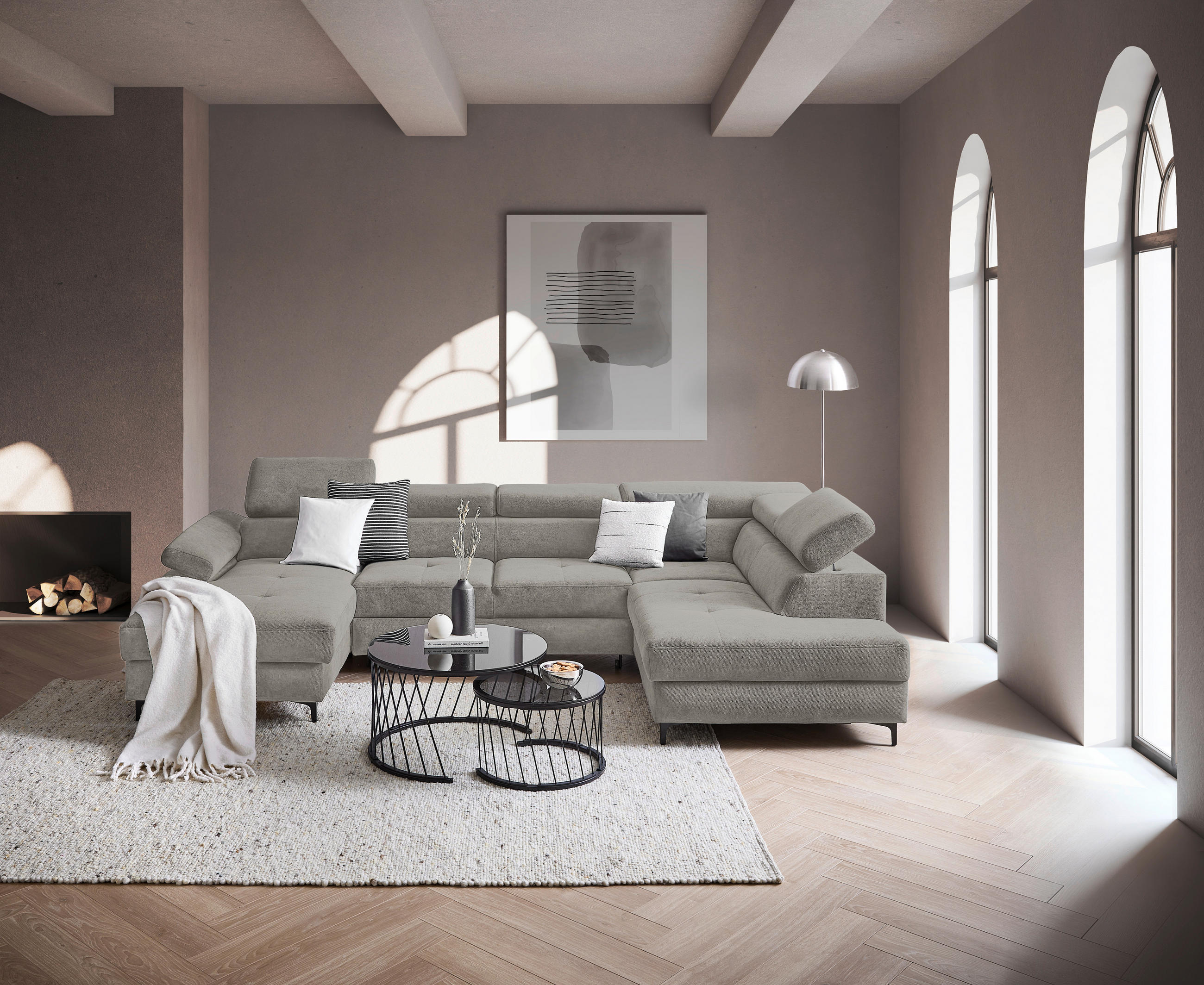 WOHNLANDSCHAFT in Flachgewebe Dunkelgrau  - Dunkelgrau/Schwarz, Modern, Textil/Metall (180/333/206cm) - Stylife