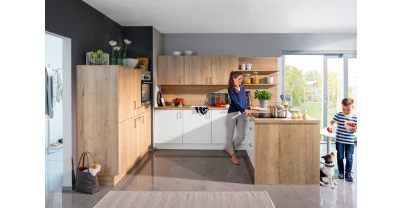 EINBAUKÜCHE   - Eichefarben/Weiß, Design, Holzwerkstoff - Novel