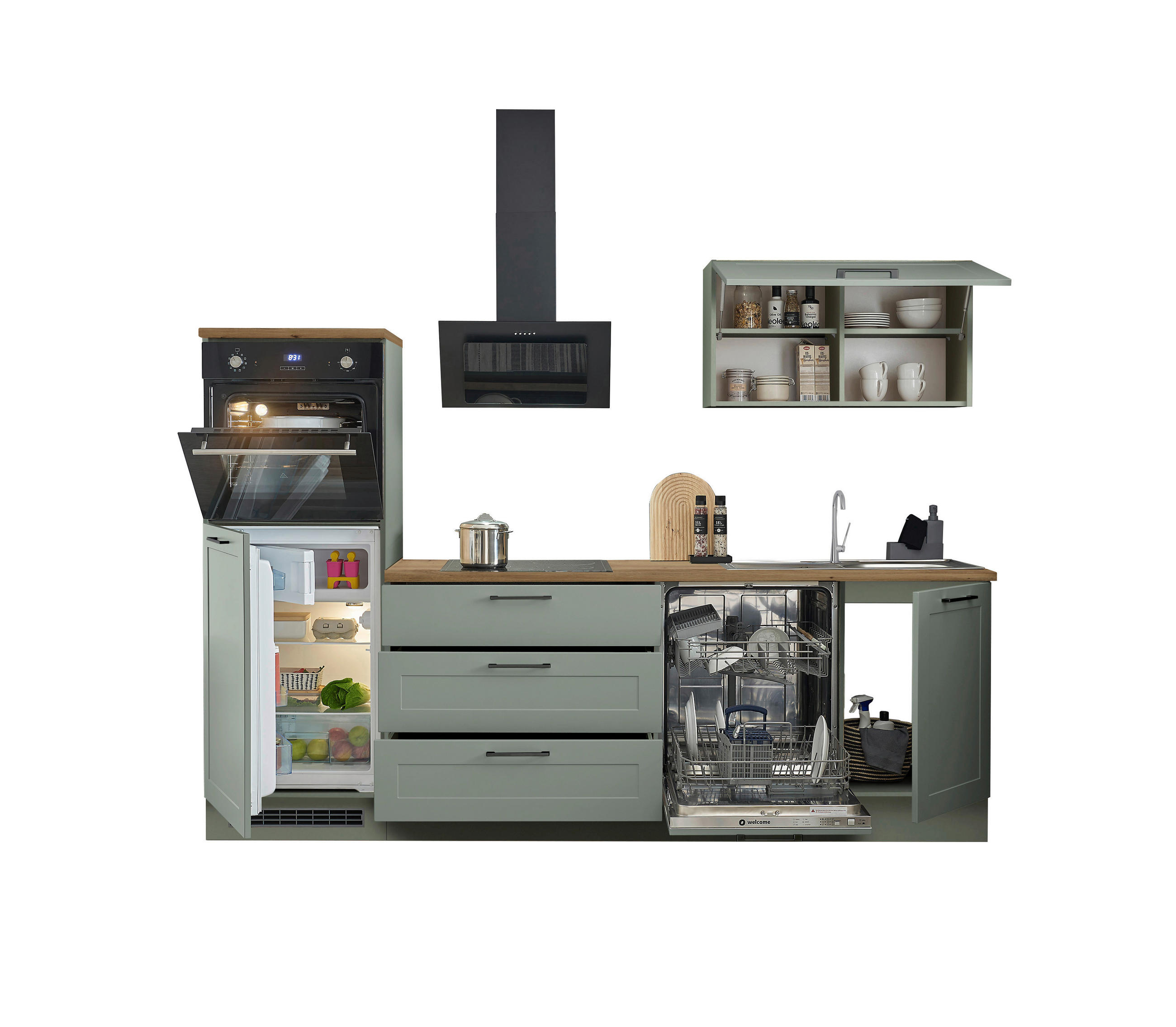 BLOK KUHINJA BEZ APARATA  zelena, hrast artisan  - zelena/crna, Dizajnerski, metal/pločasti materijal (260cm) - Xora