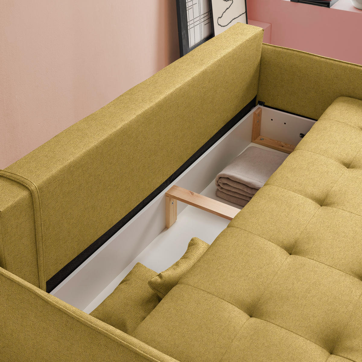 SCHLAFSOFA  in Chenille Currygelb  - Currygelb/Buchefarben, Design, Holz/Textil (217/97/101cm) - Carryhome