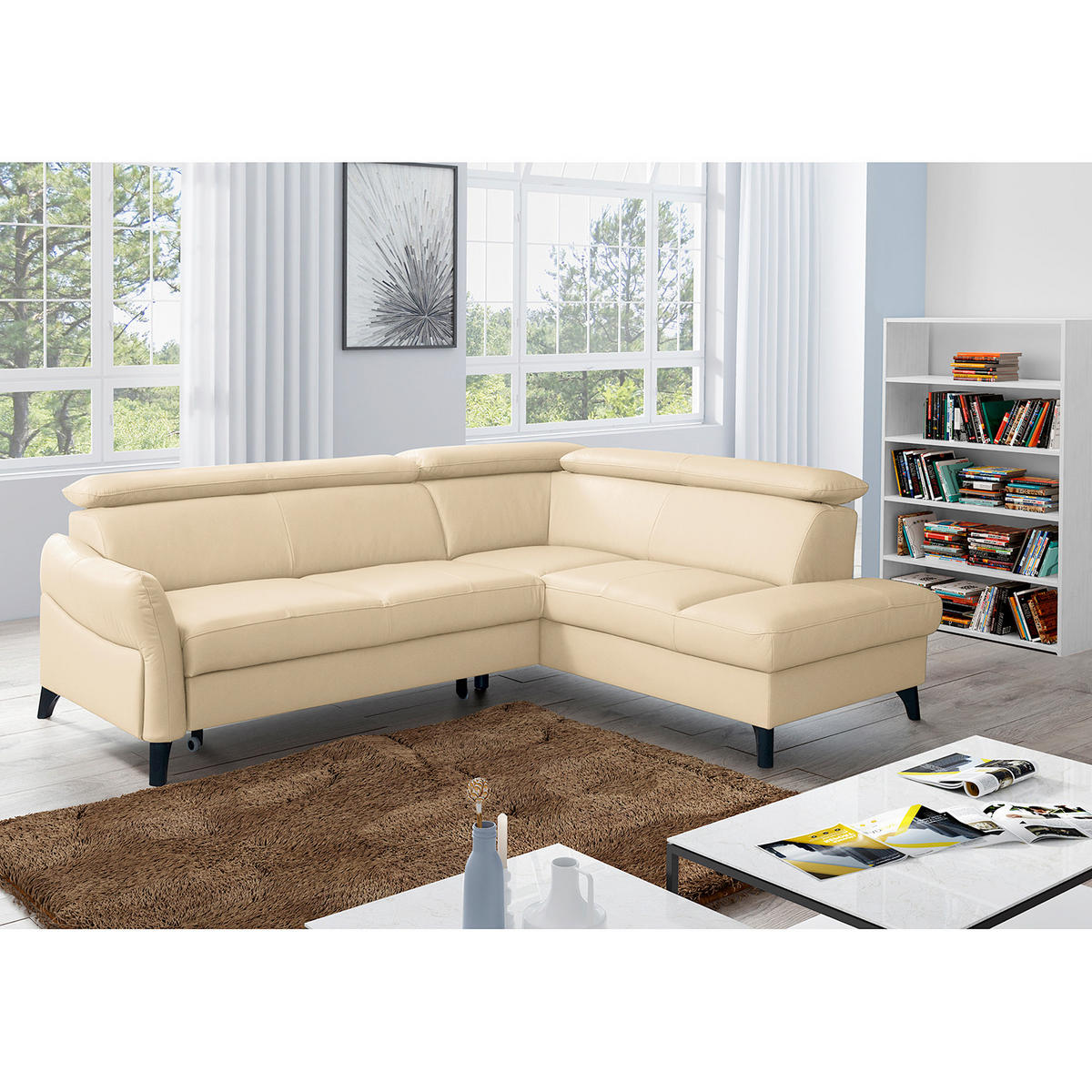 ECKSOFA Beige Echtleder Lederlook  - Beige/Schwarz, Design, Leder/Holz (244/199cm) - Livetastic