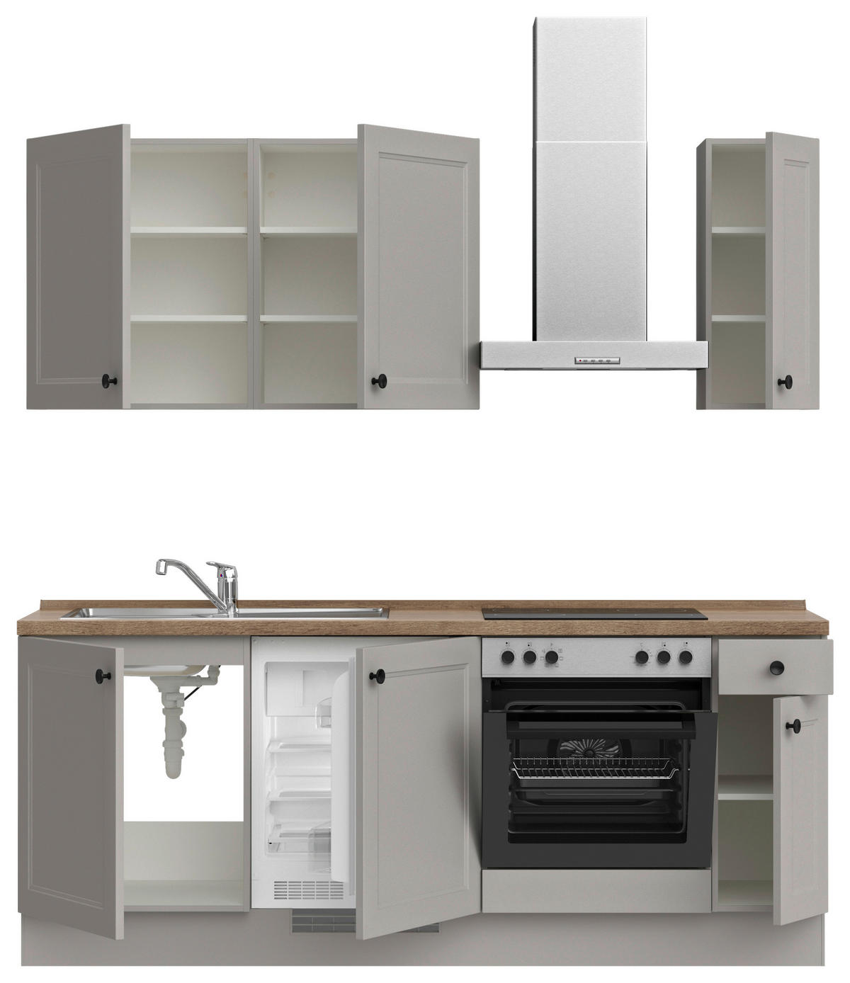 KÜCHENBLOCK 210 cm   in Grau, Eiche dunkel  - Eiche dunkel/Schwarz, MODERN, Holzwerkstoff/Metall (210cm) - Nobilia