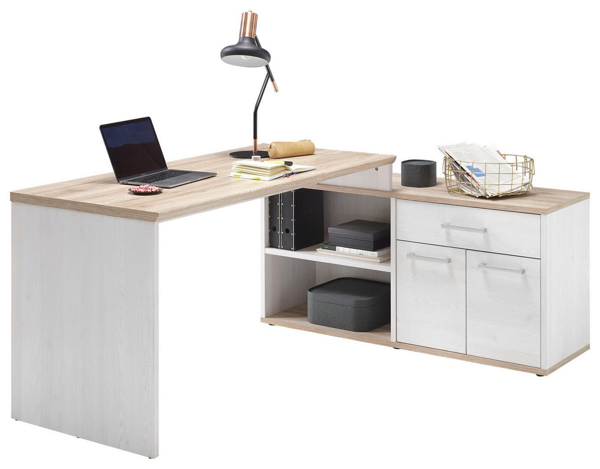 ECKSCHREIBTISCH 177/130/76 cm  in Weiß, Eichefarben  - Eichefarben/Silberfarben, Design, Holzwerkstoff/Kunststoff (177/130/76cm) - MID.YOU