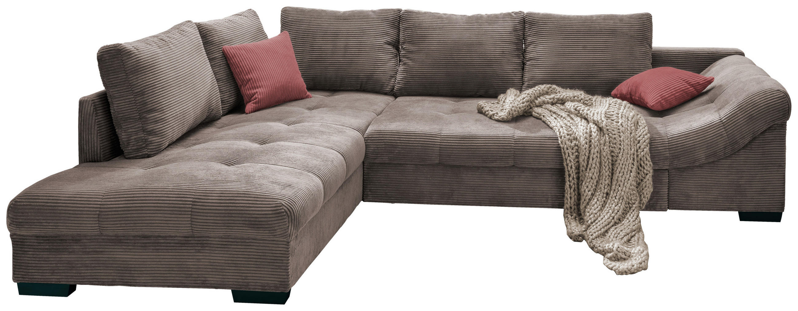 ECKSOFA Taupe Cord Zierkissen, Rückenkissen, Schlaffunktion, Rücken echt, Liegefläche im Originalstoff  - Taupe/Koralle, Design, Holz/Textil (202/298cm) - P & B