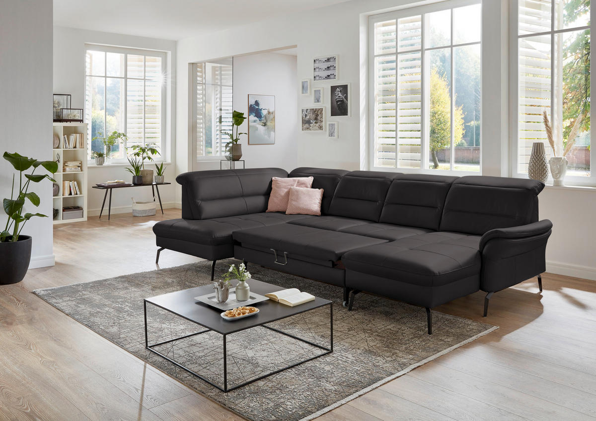 WOHNLANDSCHAFT in Echtleder Schwarz  - Schwarz, Design, Leder/Metall (206/336/181cm) - Beldomo Speed