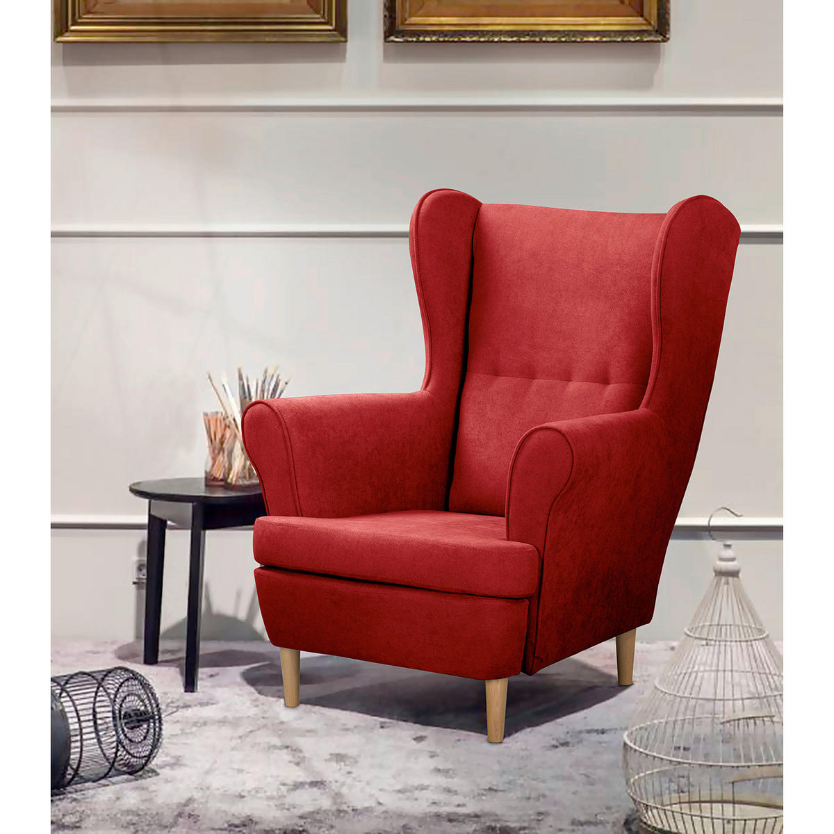 OHRENSESSEL in Mikrofaser Rot  - Rot/Naturfarben, Design, Holz/Textil (87/105/90cm) - Livetastic