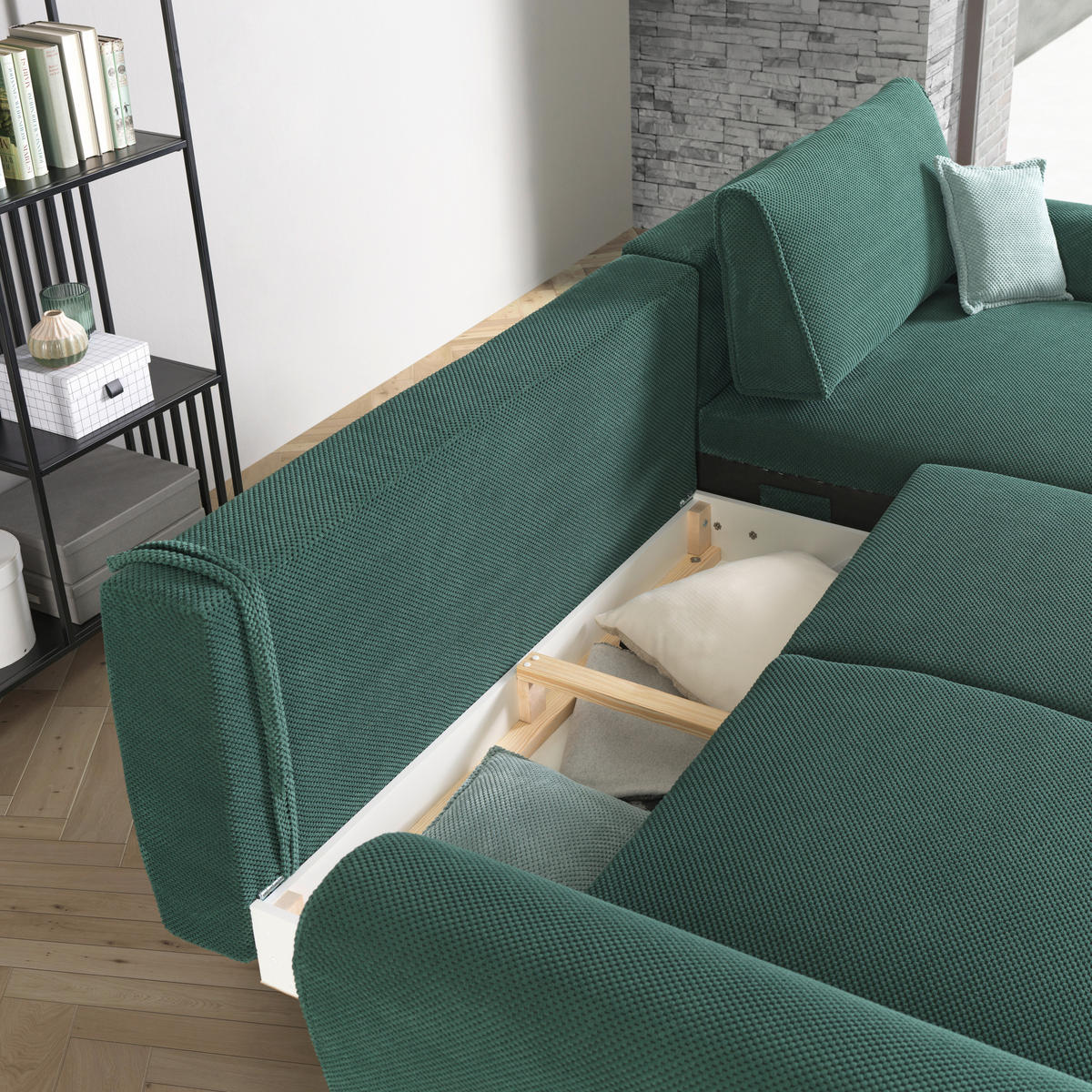 ECKSOFA in Webstoff Grün  - Schwarz/Grün, Design, Textil/Metall (272/170cm) - Welnova
