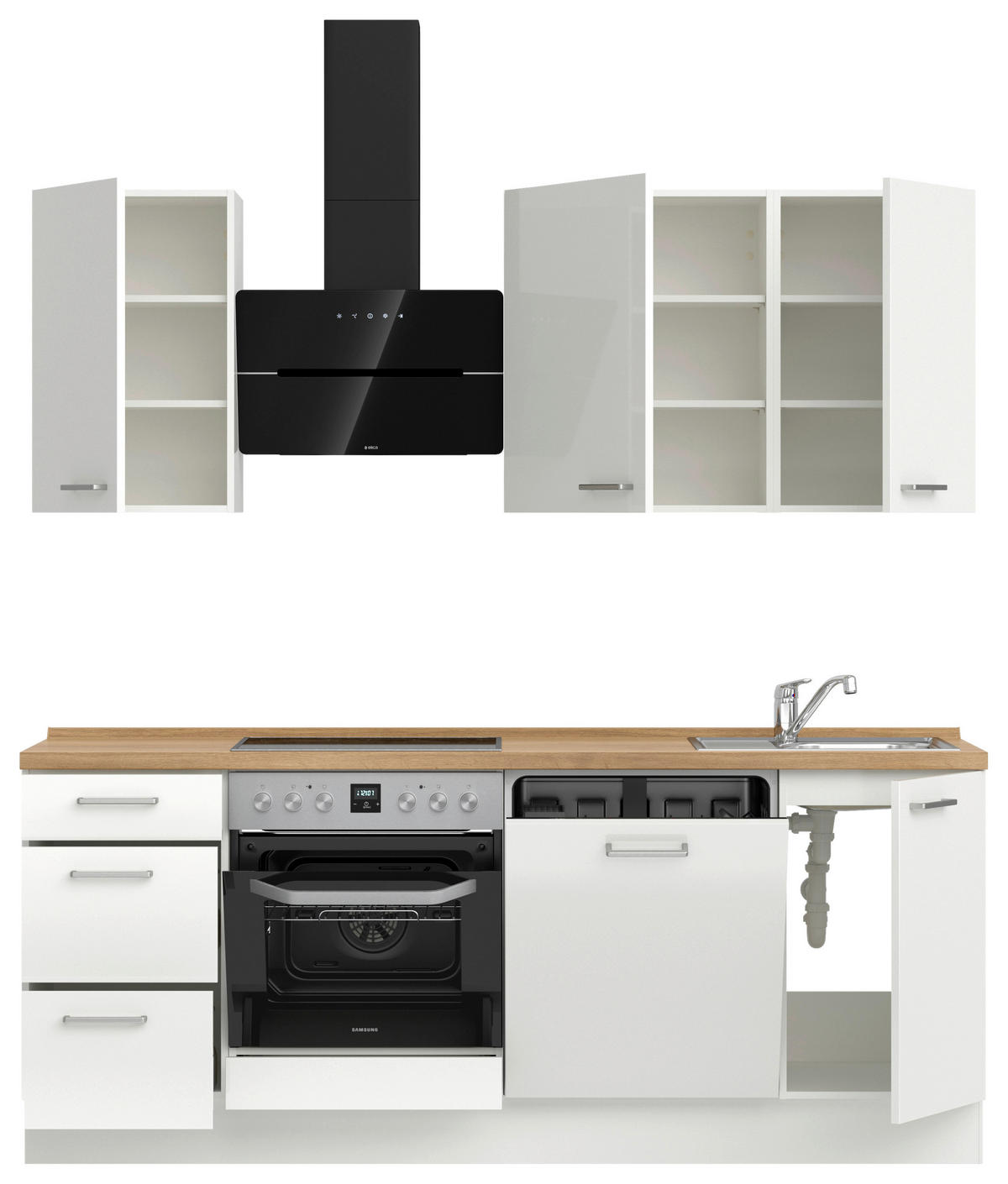 KÜCHENLEERBLOCK 210 cm   in Eichefarben, Weiß Hochglanz  - Edelstahlfarben/Eichefarben, MODERN, Holzwerkstoff/Metall (210cm) - Nobilia