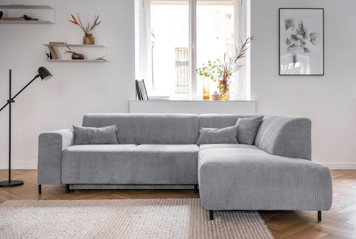 ECKSOFA Hellgrau Cord  - Hellgrau/Schwarz, Textil/Metall (250/192cm) - MID.YOU
