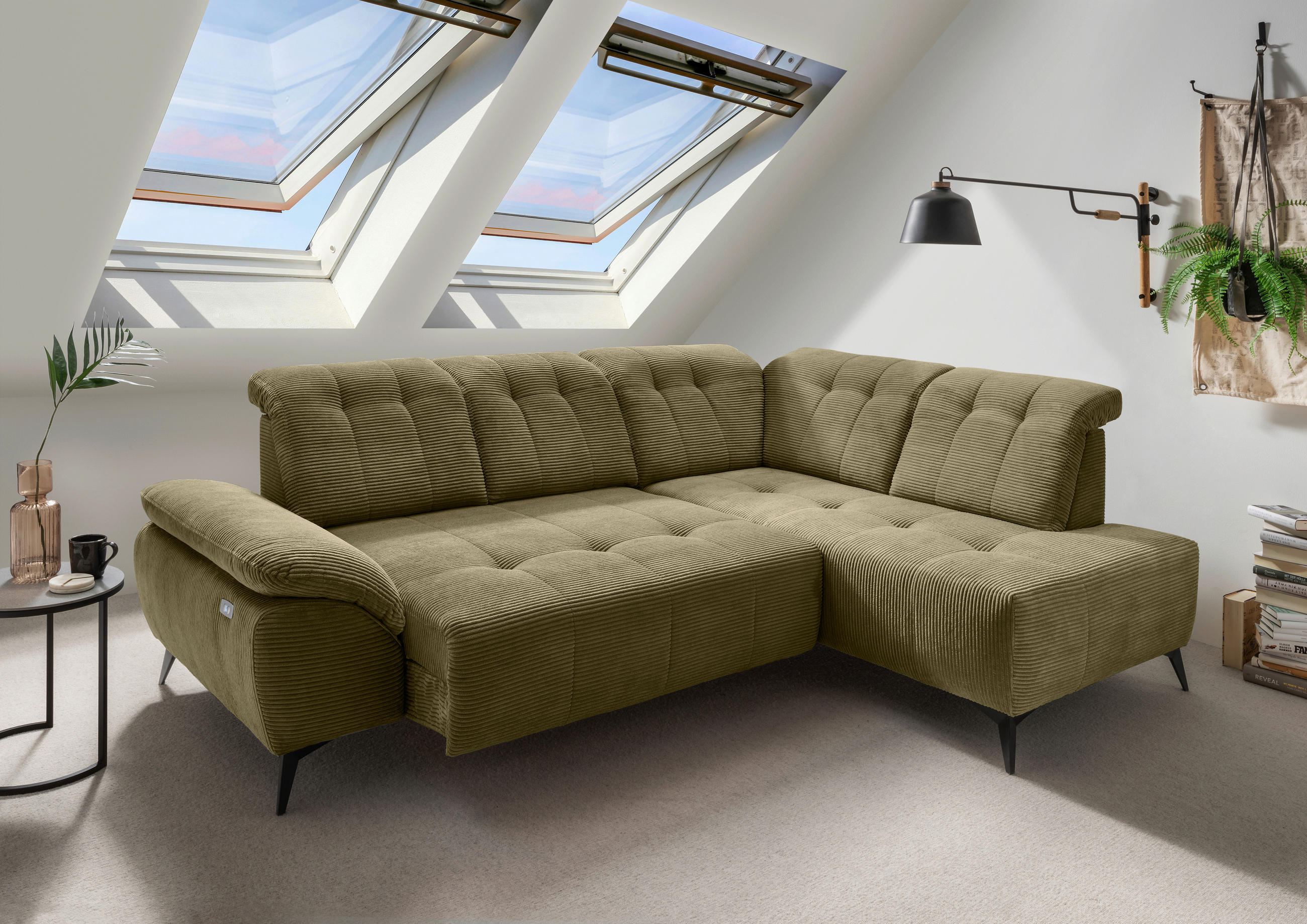 ECKSOFA in Cord Olivgrün  - Schwarz/Olivgrün, Modern, Textil/Metall (272/200cm) - Livetastic