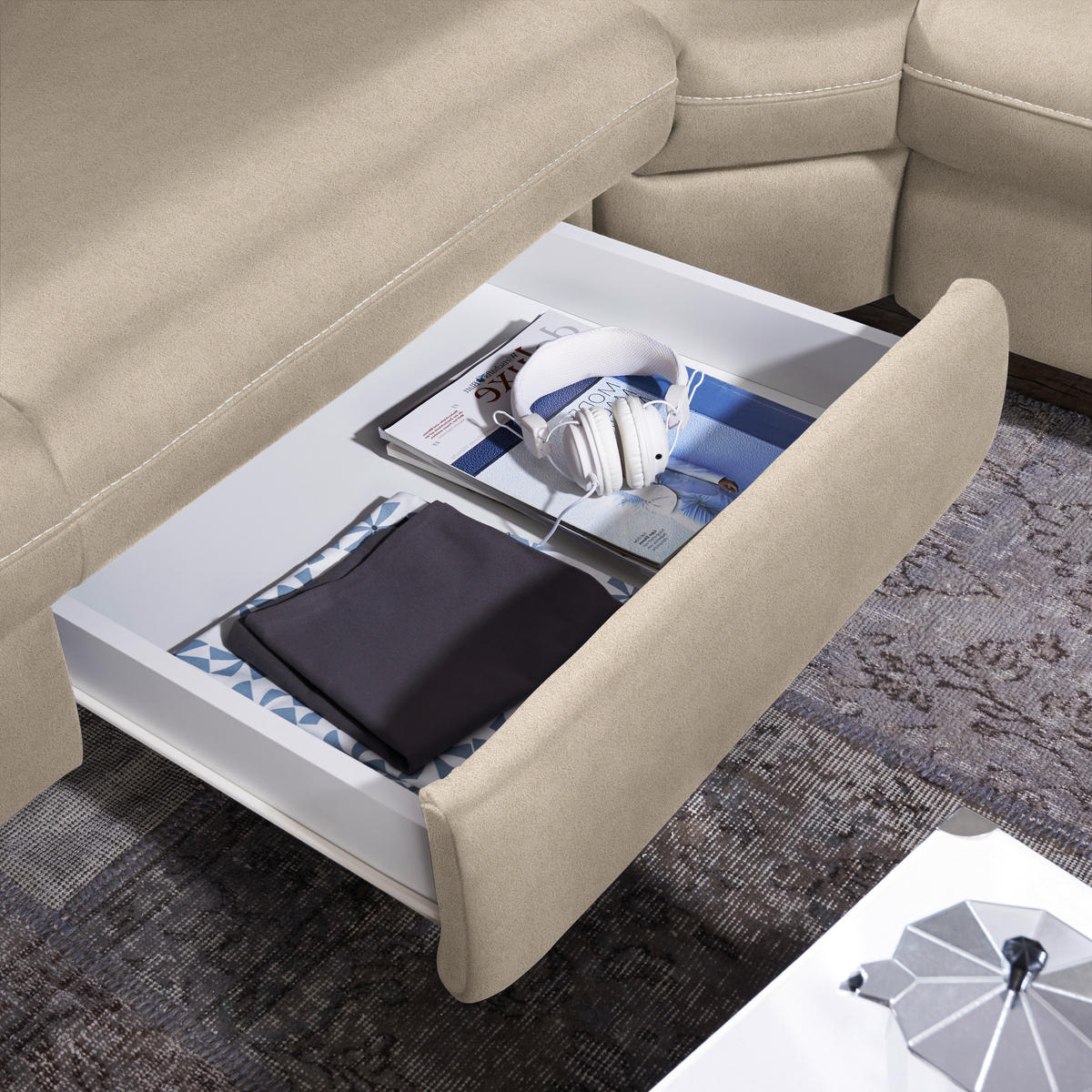 ECKSOFA in Flachgewebe, Mikrofaser Beige  - Beige/Alufarben, Design, Textil/Metall (239/271cm) - Cantus