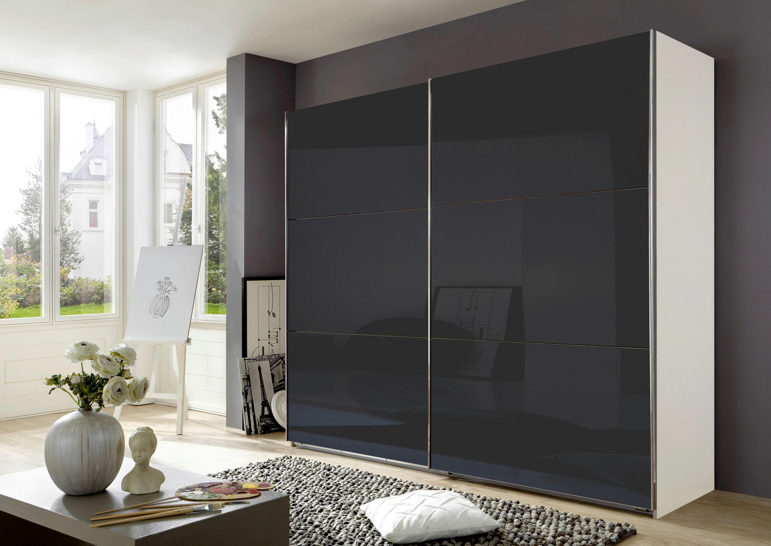 SCHWEBETÜRENSCHRANK in Weiss, Grau  - Chromfarben/Weiss, Modern, Holzwerkstoff (250/236/65cm) - MID.YOU
