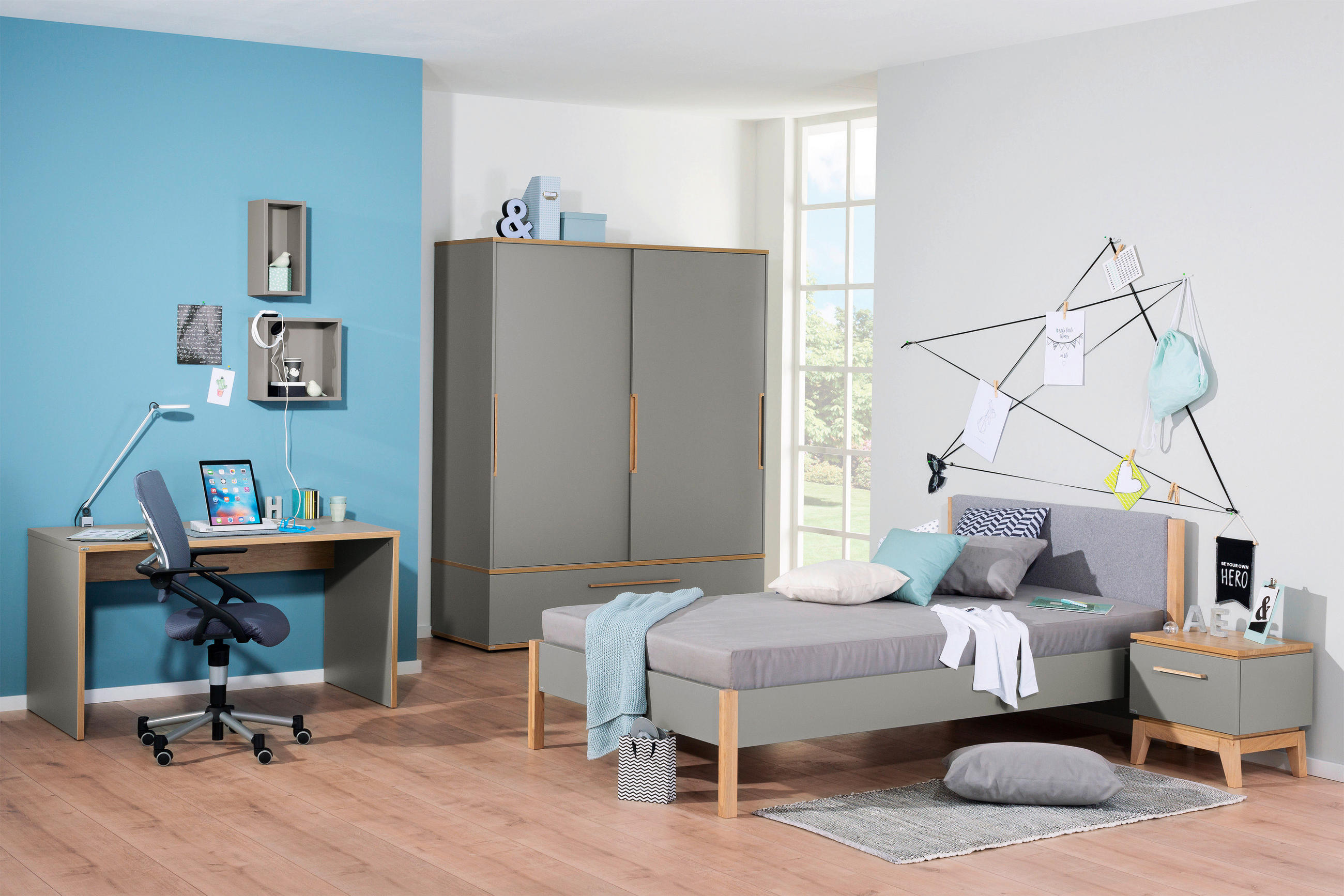 BETT STEN massiv 120/200 cm Grau, Eichefarben  - Blau/Eichefarben, Design, Textil (120/200cm) - Paidi