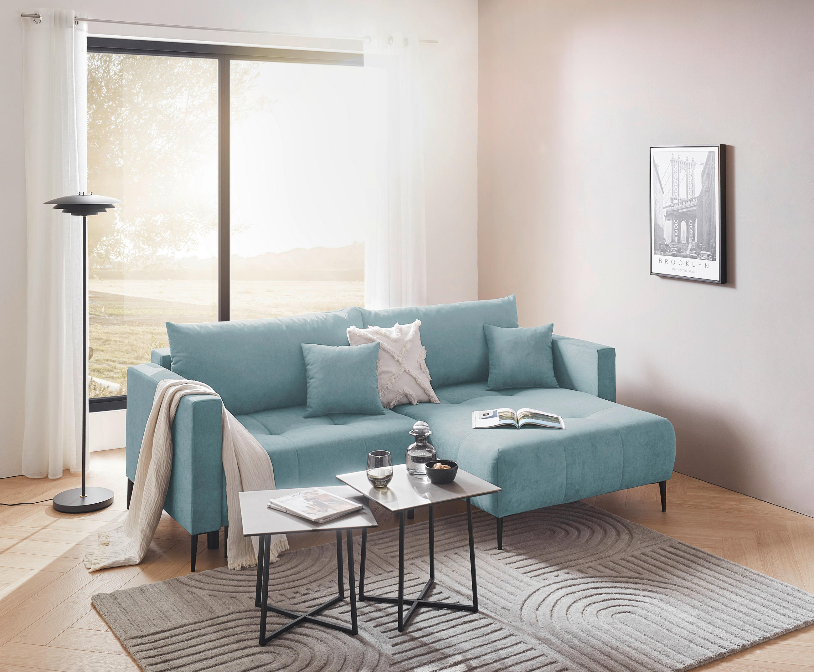 ECKSOFA in Velours Mintgrün  - Schwarz/Mintgrün, Konventionell, Textil/Metall (226/155cm) - Carryhome