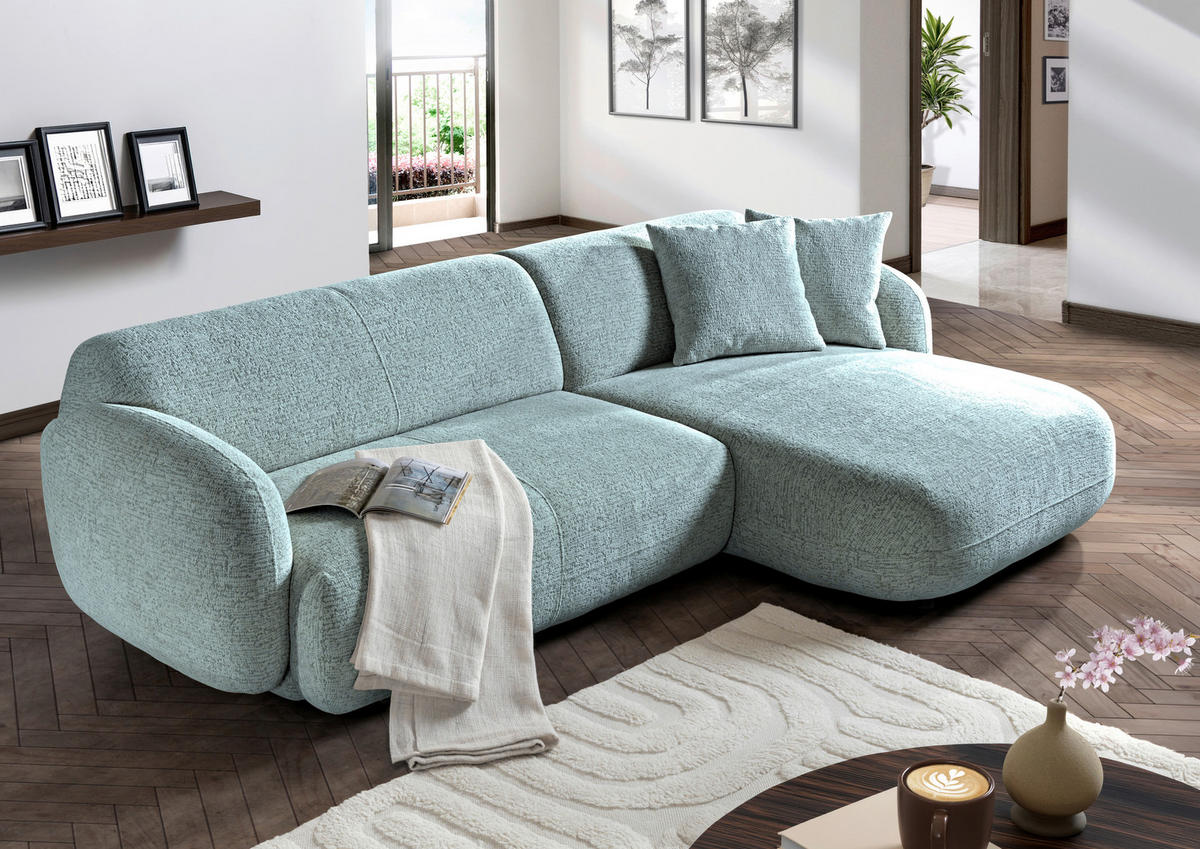 ECKSOFA  in Flachgewebe Mintgrün Zierkissen, Rücken echt, Sitztiefenverstellung  275/162 cm  - Schwarz/Mintgrün, MODERN, Kunststoff/Textil (275/162cm) - Carryhome