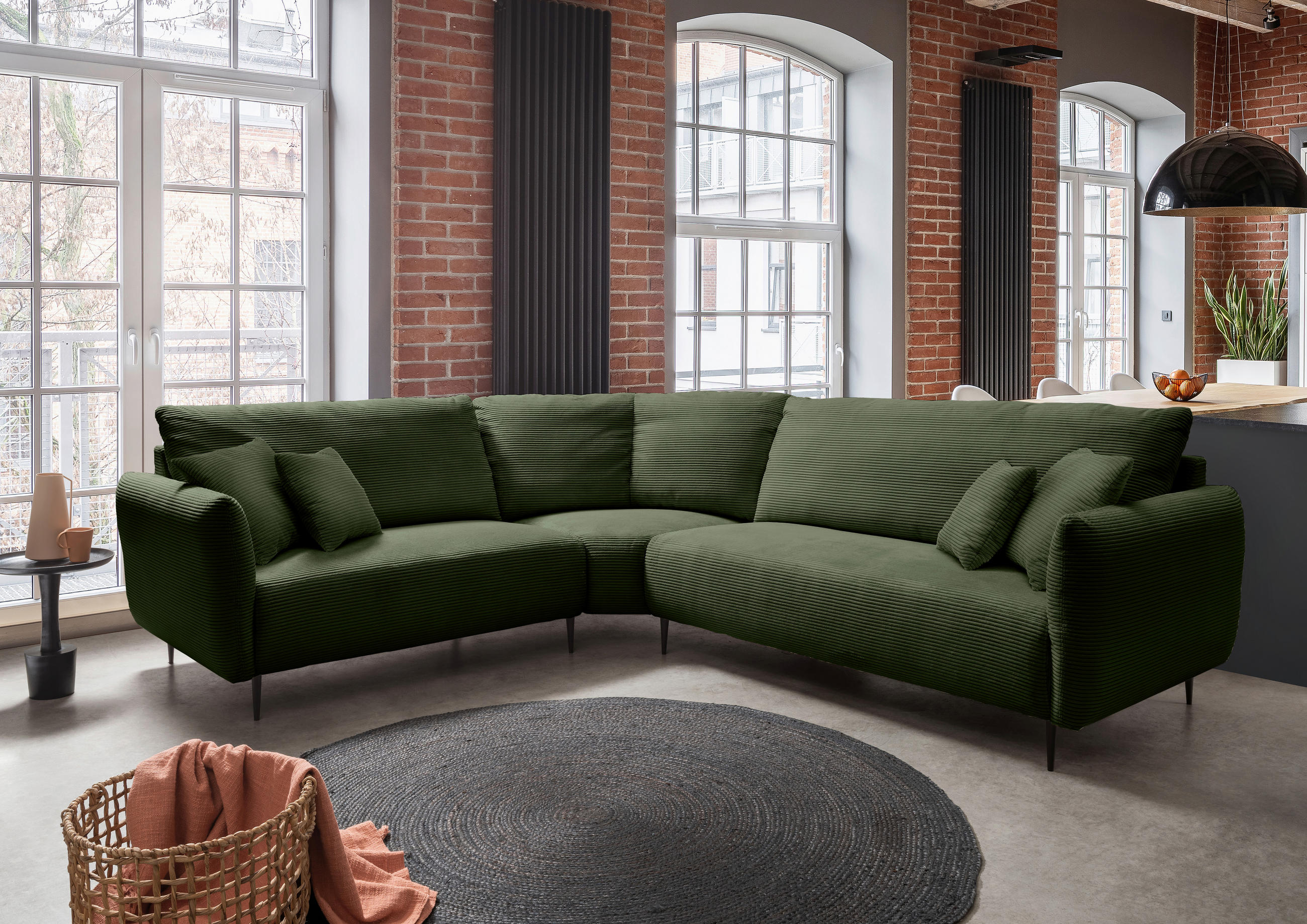 ECKSOFA Dunkelgrün Cord  - Dunkelgrün/Schwarz, Design, Textil/Metall (256/294cm) - Livetastic