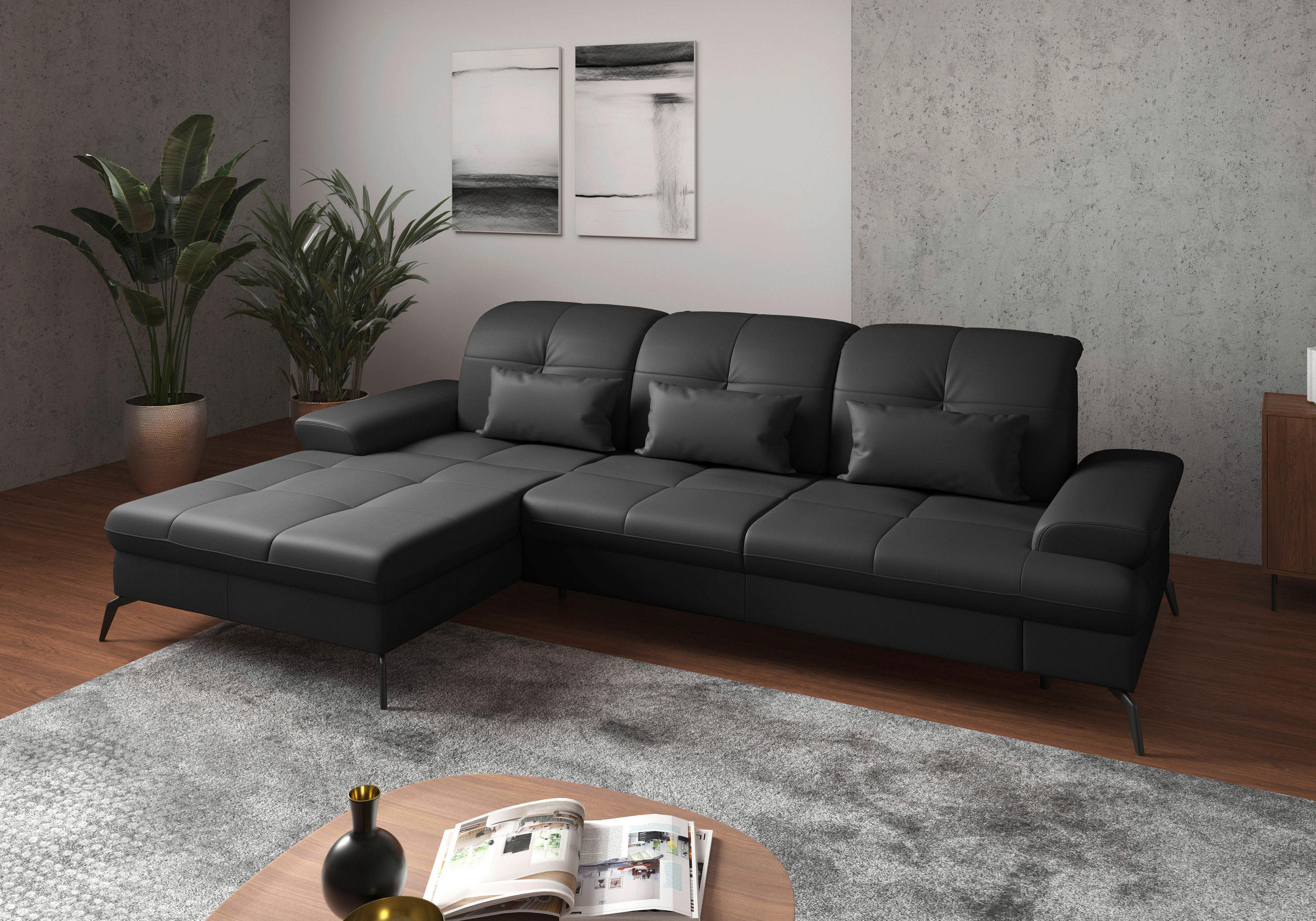 ECKSOFA  Echtleder Schwarz  - Schwarz, Konventionell, Leder/Metall (185/279cm) - Sit & More