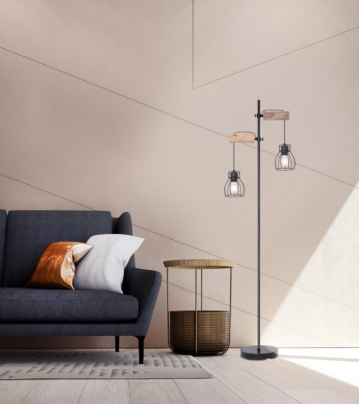 STOJACIA LAMPA, 47/168 cm  - čierna/prírodná farba, Design, kov/drevo (47/168cm)