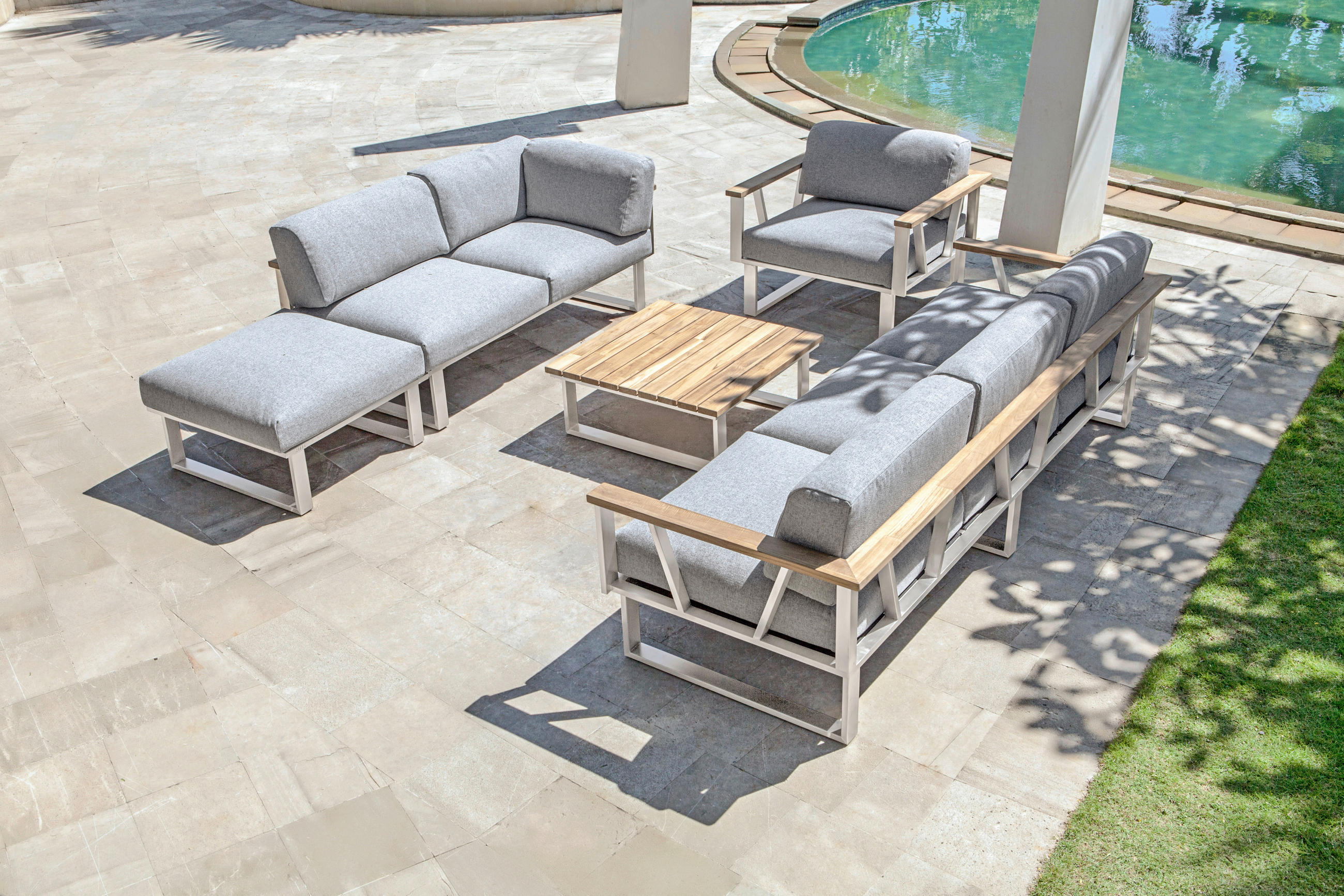 GARTENBANK 239/59/82,5 cm  in Grau, Edelstahlfarben, Teakfarben  - Edelstahlfarben/Grau, Design, Holz/Textil (239/59/82,5cm) - Zebra 