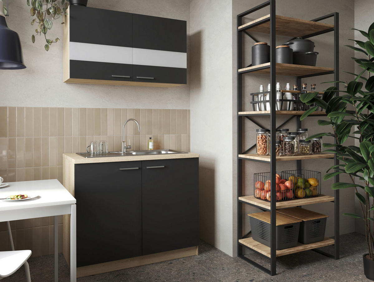 MINIKÜCHE 100 cm   in Schwarz, Eichefarben  - Eichefarben/Silberfarben, Basics, Glas/Holzwerkstoff (100cm) - Respekta
