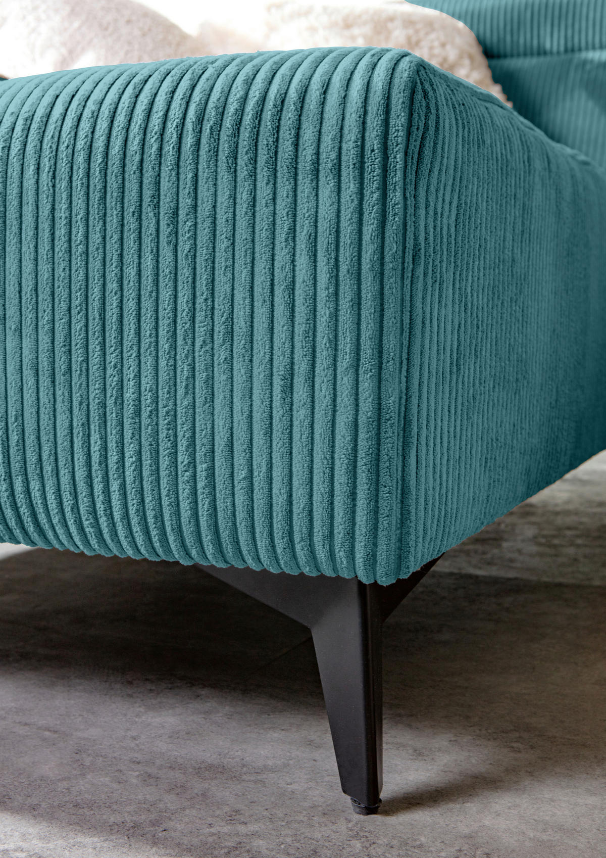 ECKSOFA Petrol Cord Rücken echt, Kopfteilverstellung, Sitzvorzug  - Petrol/Schwarz, KONVENTIONELL, Textil/Metall (170/257cm) - Carryhome