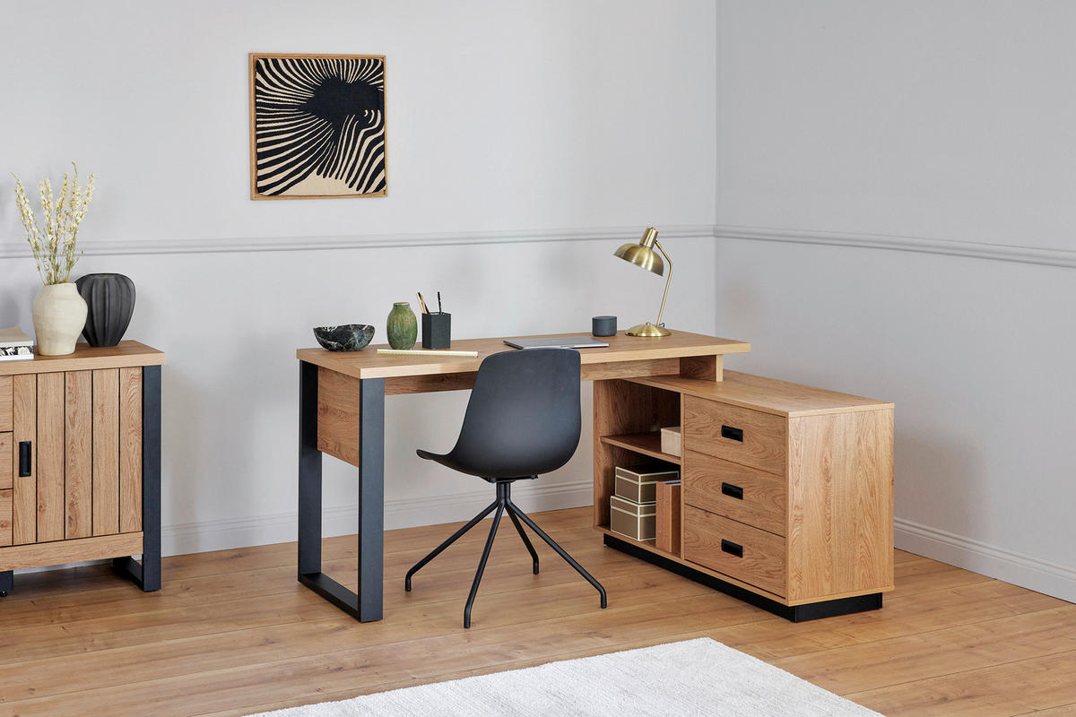 ECKSCHREIBTISCH 150/116/76 cm  in Schwarz, Eichefarben  - Eichefarben/Schwarz, Modern, Holzwerkstoff/Metall (150/116/76cm) - Livetastic