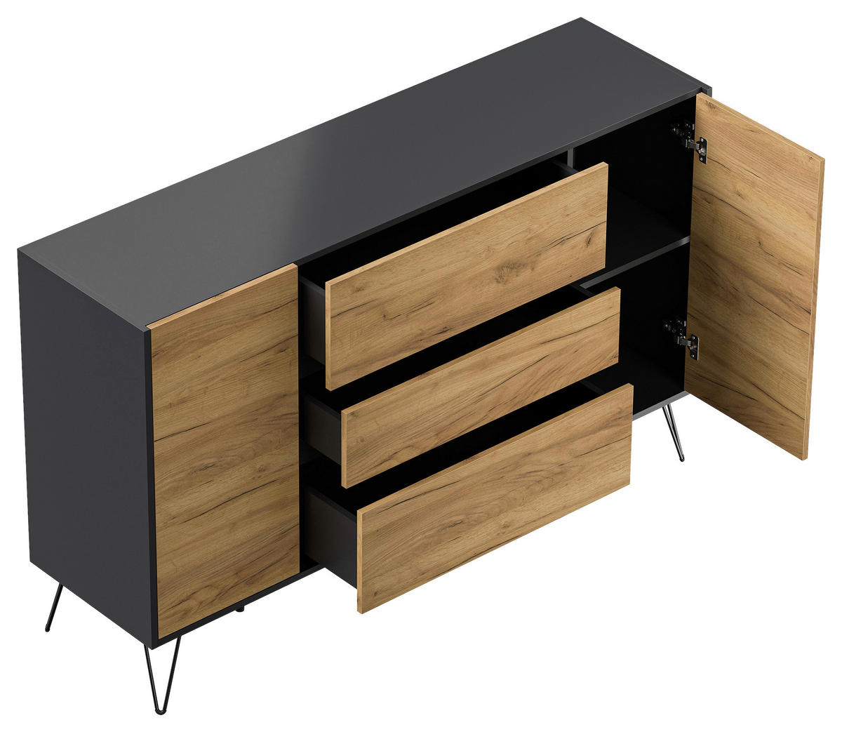 SIDEBOARD Posseik Industrial 155/93,6/42 cm 3 Schublade(n)  - Eichefarben/Graphitfarben, Design, Holzwerkstoff/Metall (155/93,6/42cm) - P & B