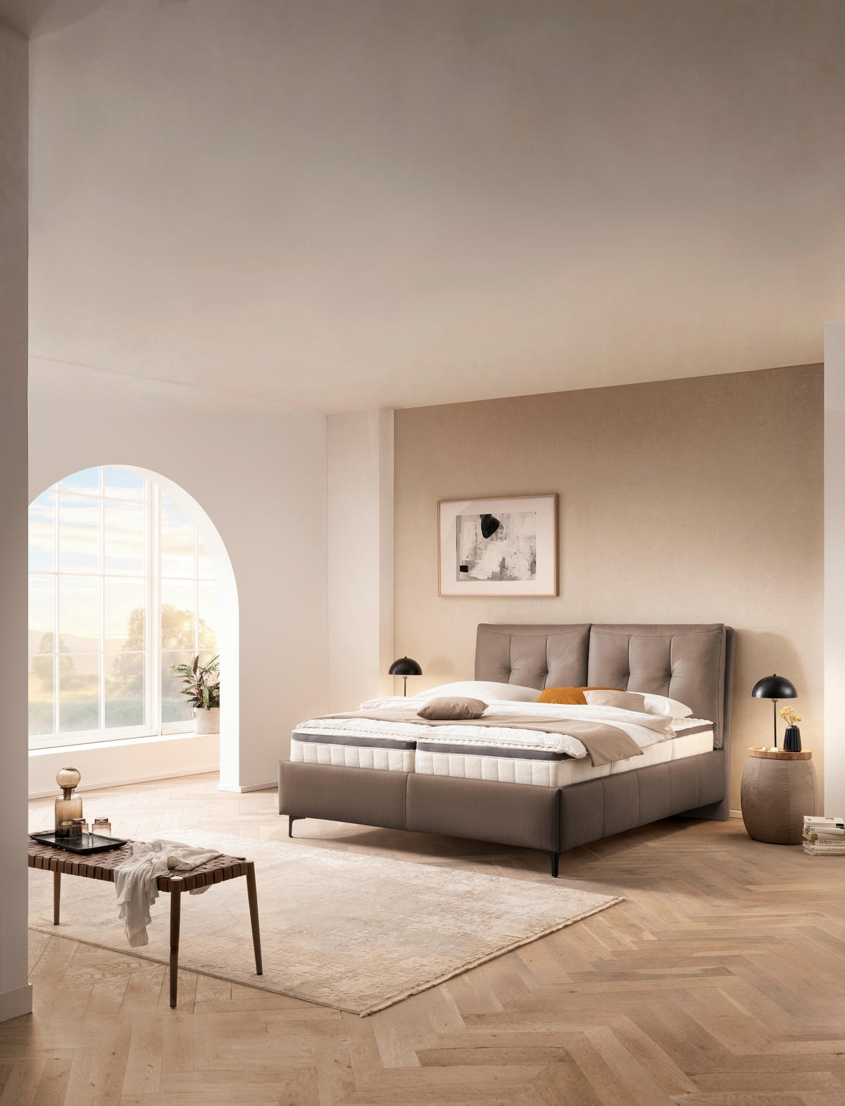 POLSTERBETT 180/200 cm,  in Hellbraun, Matratze, Lattenrost, Bettkasten, Topper, H2 + H2 = mittel  - Hellbraun/Schwarz, KONVENTIONELL, Leder/Holz (180/200cm) - Novel