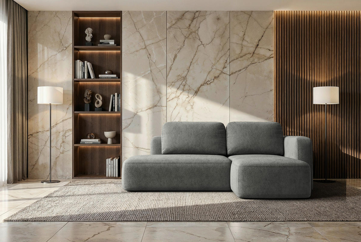 ECKSOFA Greige Chenille Rückenkissen, Bettkasten, Schlaffunktion, Rücken echt, Liegefläche im Originalstoff  - Greige/Schwarz, KONVENTIONELL, Kunststoff/Textil (244/160cm) - Milino