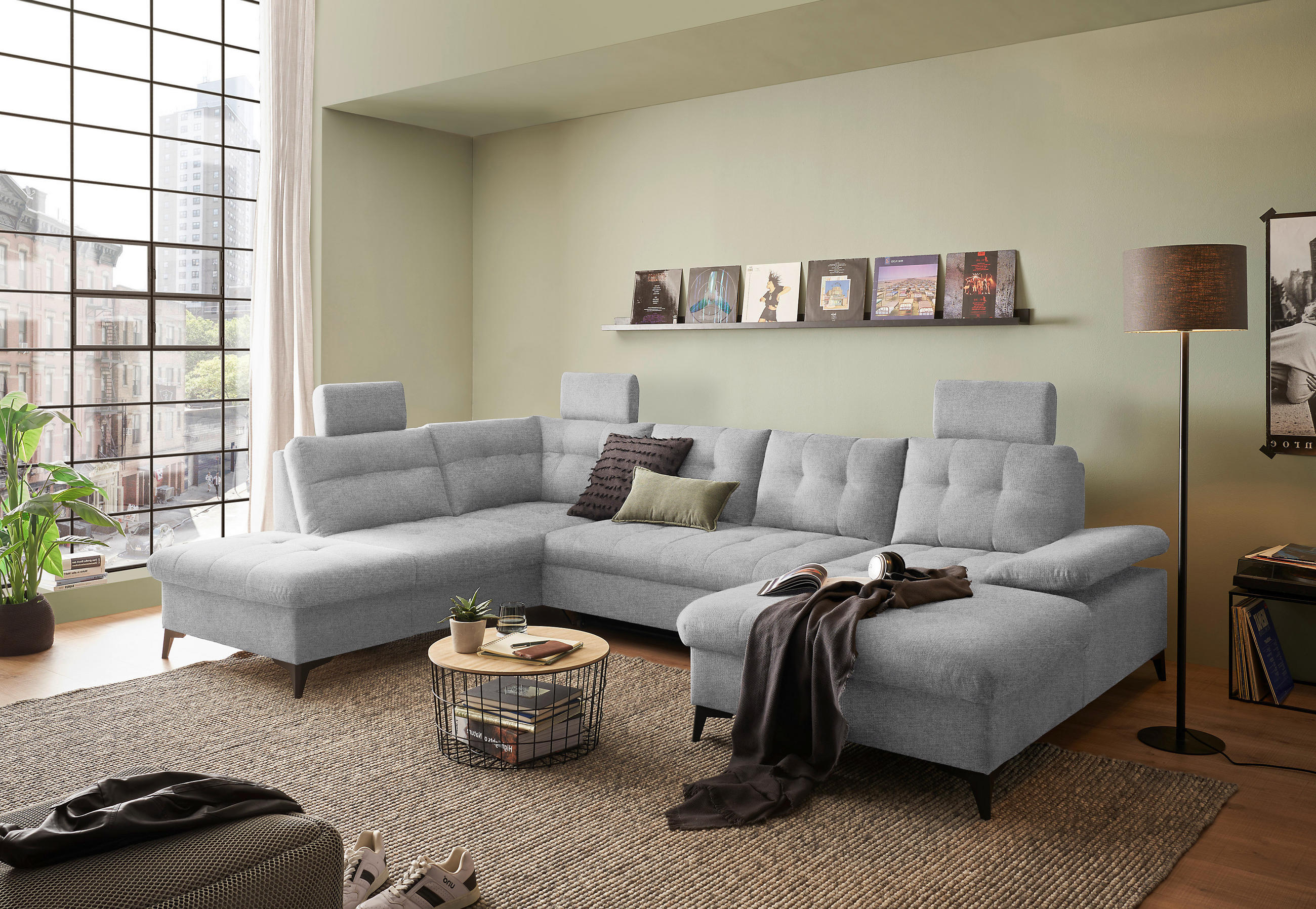WOHNLANDSCHAFT in Webstoff Hellgrau  - Hellgrau/Schwarz, Konventionell, Kunststoff/Textil (218/324/170cm) - MID.YOU