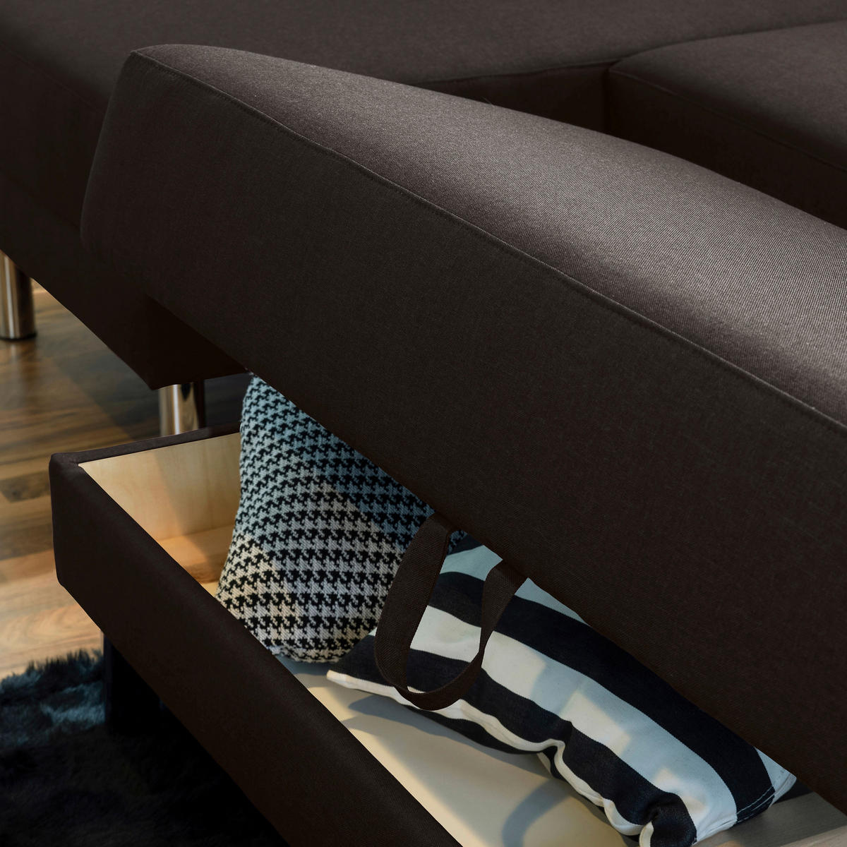 ECKSCHLAFSOFA inkl. Hocker in Dunkelbraun Textil   - Chromfarben/Dunkelbraun, Konventionell, Textil/Metall (152/230cm) - Max Winzer
