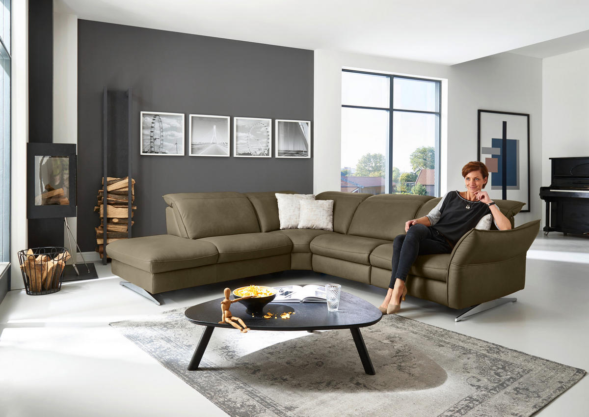 ECKSOFA in Echtleder Mokka  - Edelstahlfarben/Orange, Design, Leder/Metall (258/292cm) - Hukla