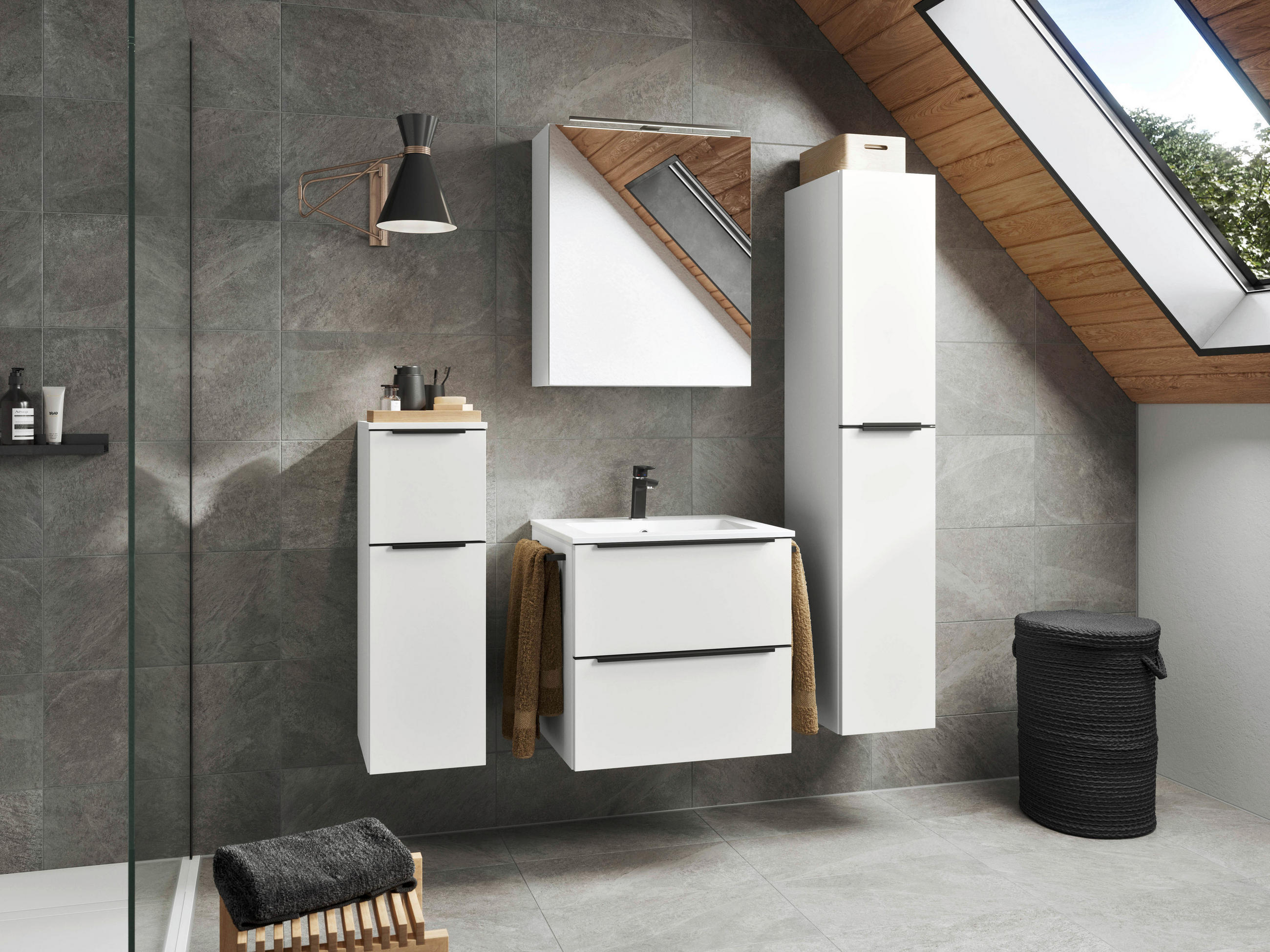 BADEZIMMER 5-teilig  in 121 cm  - Schwarz/Weiß, MODERN, Holzwerkstoff/Stein (121cm) - Nobilia
