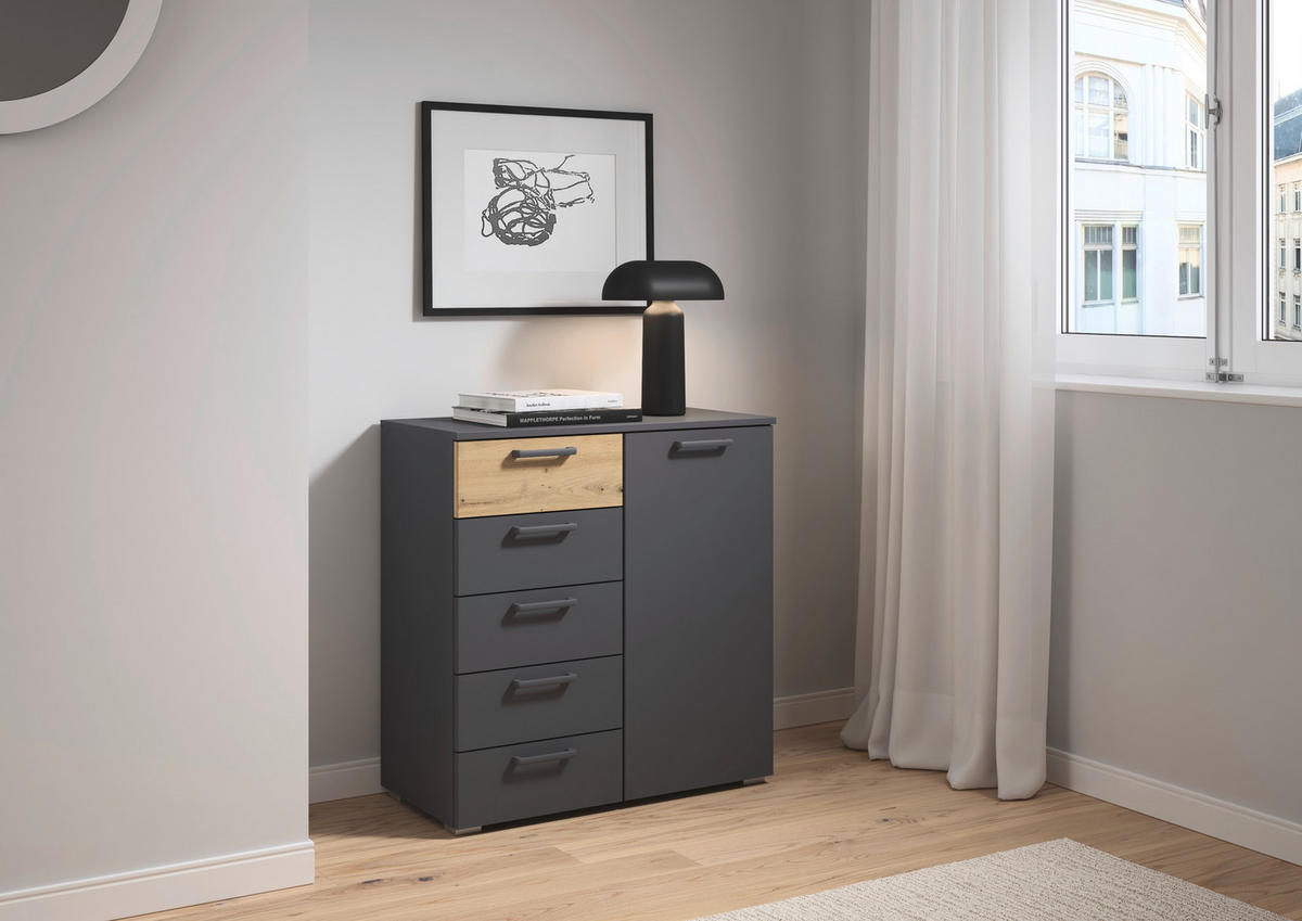 KOMMODE , 80/84/40 cm, 5 Schublade(n)  - Eiche Artisan/Grau, MODERN, Holzwerkstoff/Kunststoff (80/84/40cm) - Rauch Möbel
