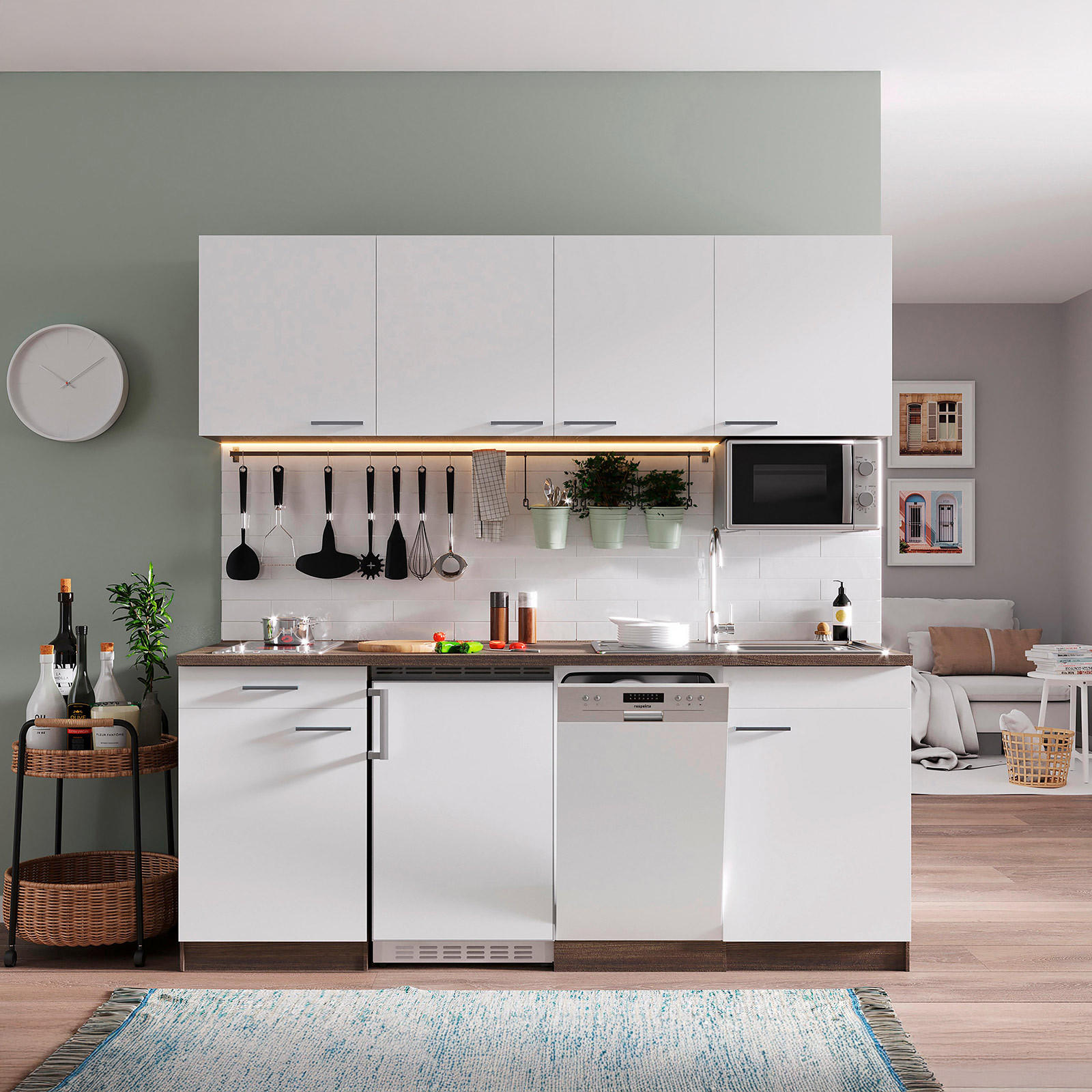 Küchenzeile Economy mit Geräten 195 cm Weiß/Eiche Dekor Modern